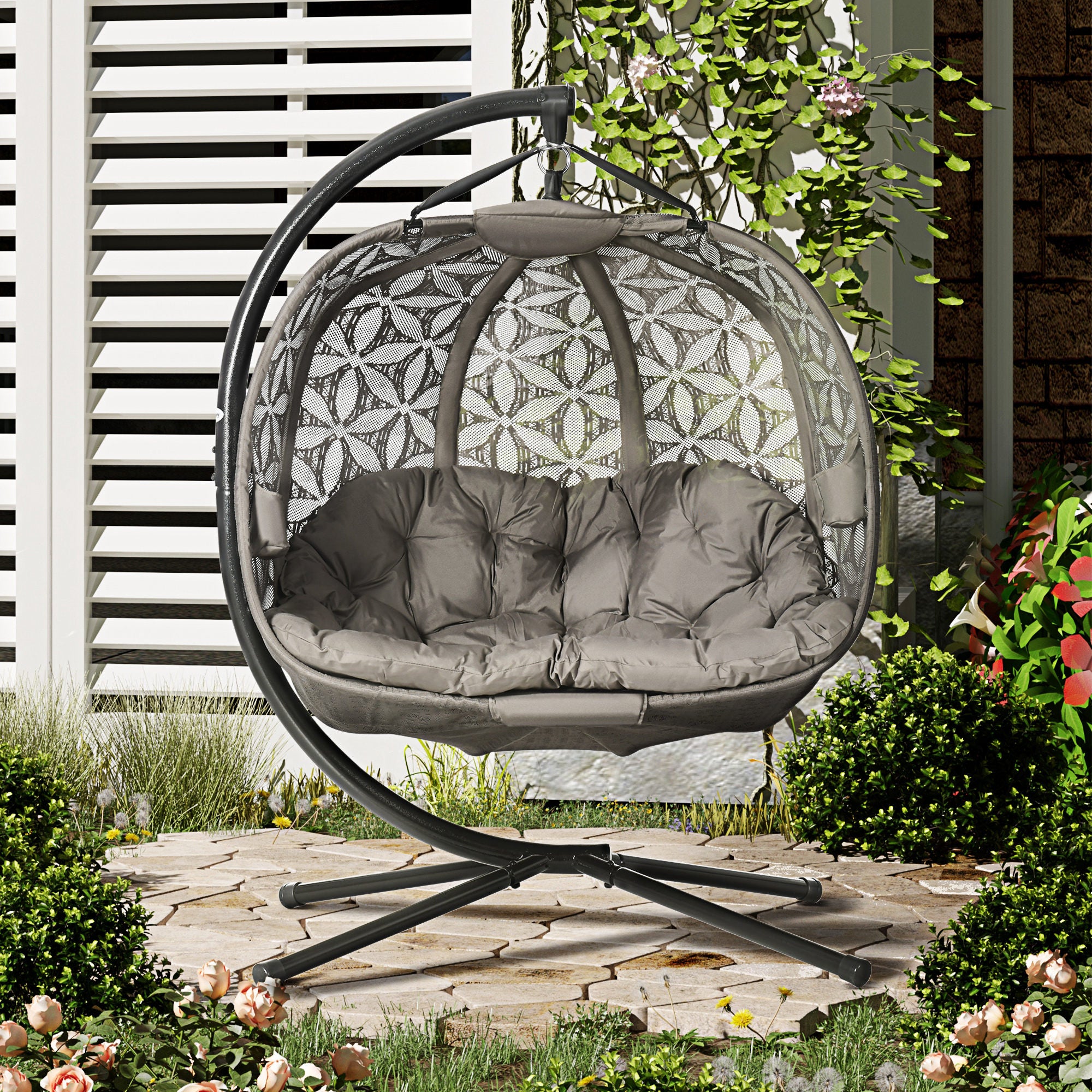 Double Outdoor Hanging Swing Chair with Metal Stand, Foldable Basket & Cup Holders - Sand Brown