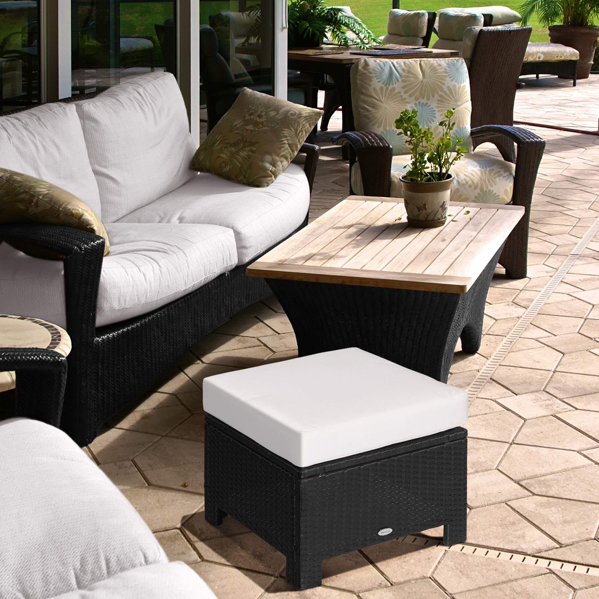 Rattan Footstool Ottoman with Padded Cushion - Water Resistant Outdoor Brown