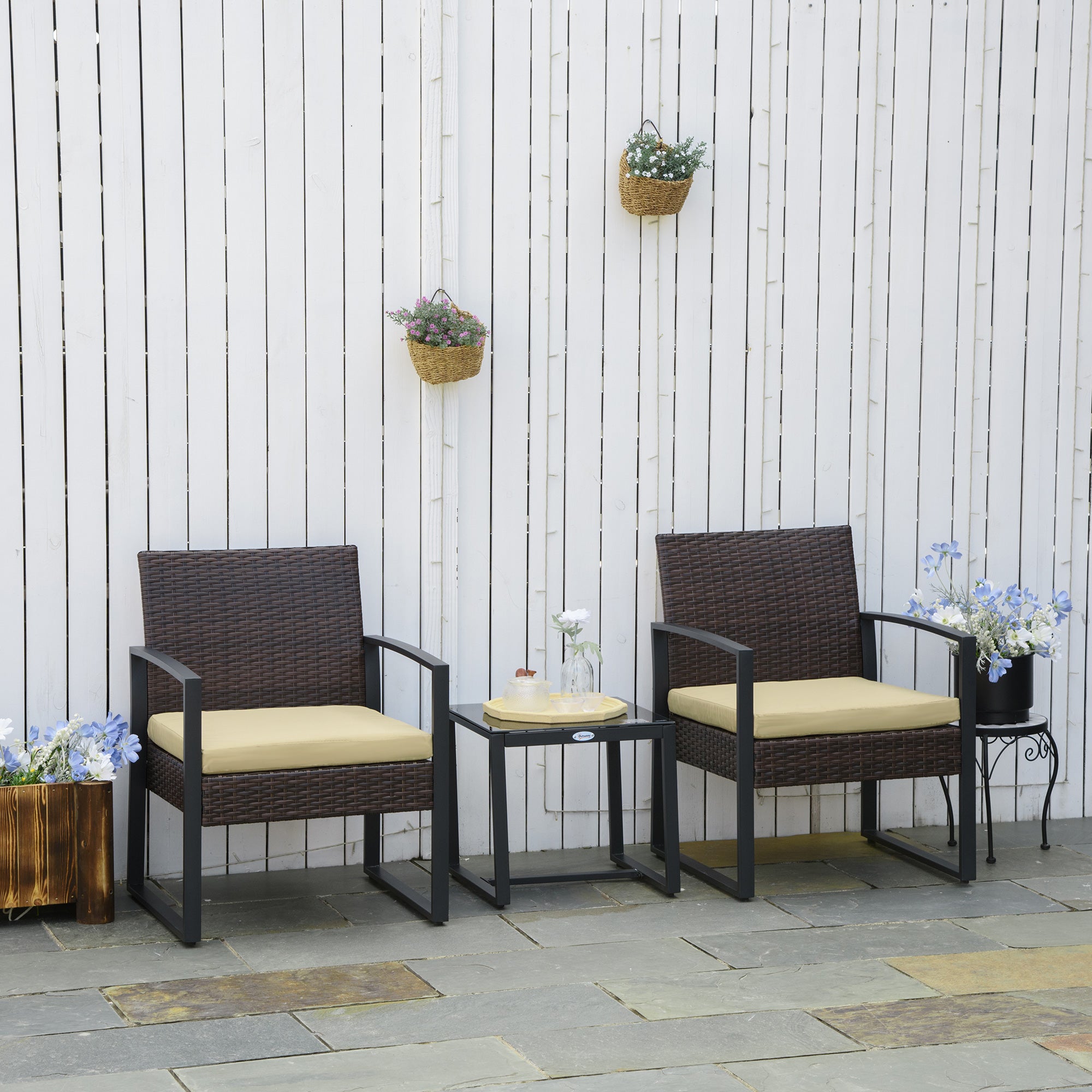 3 Piece PE Rattan Garden Bistro Set with Cushioned Seats Beige