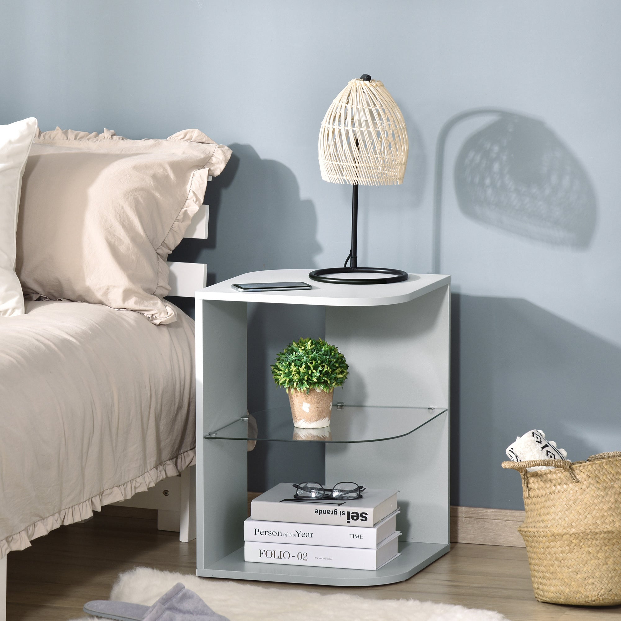 Modern Three Layer Bedside Table with Glass Shelf - Grey