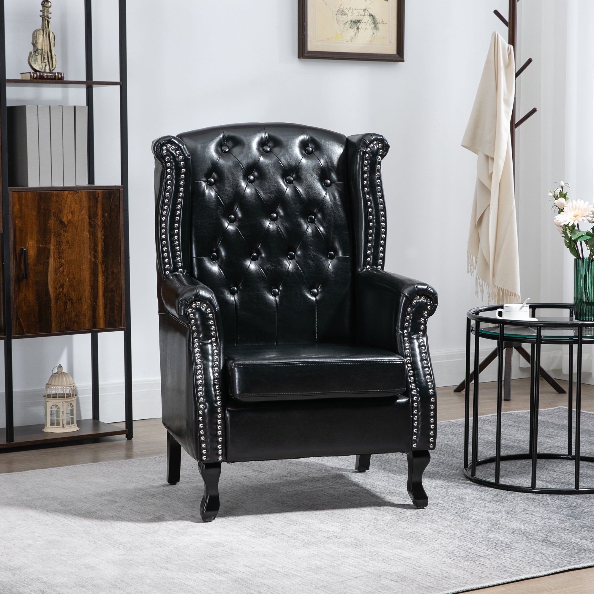 Chesterfield Style Wingback Accent Chair with Nail Head Trim - Black