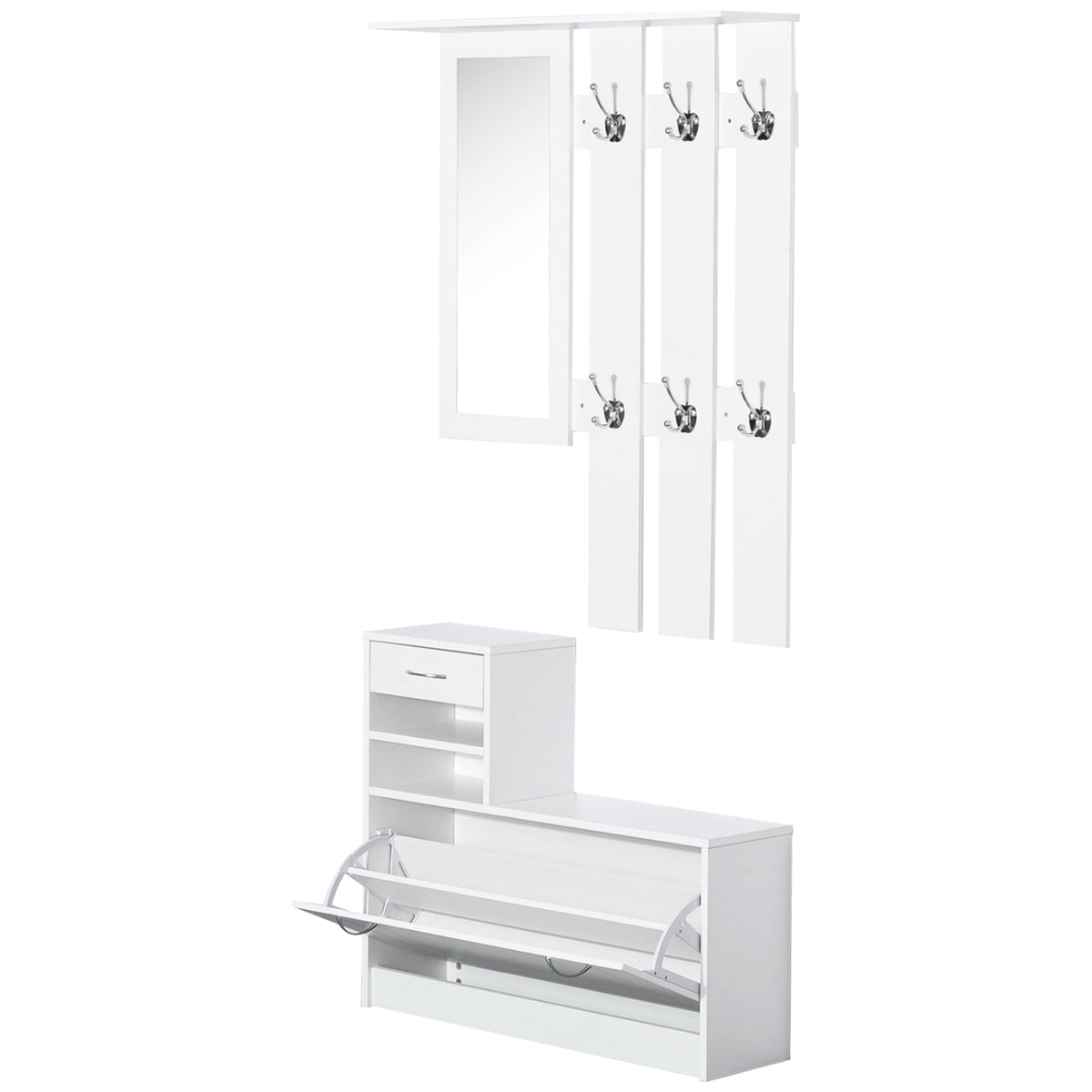 Entryway Furniture Set with Mirror, Hooks & Shoe Storage - White