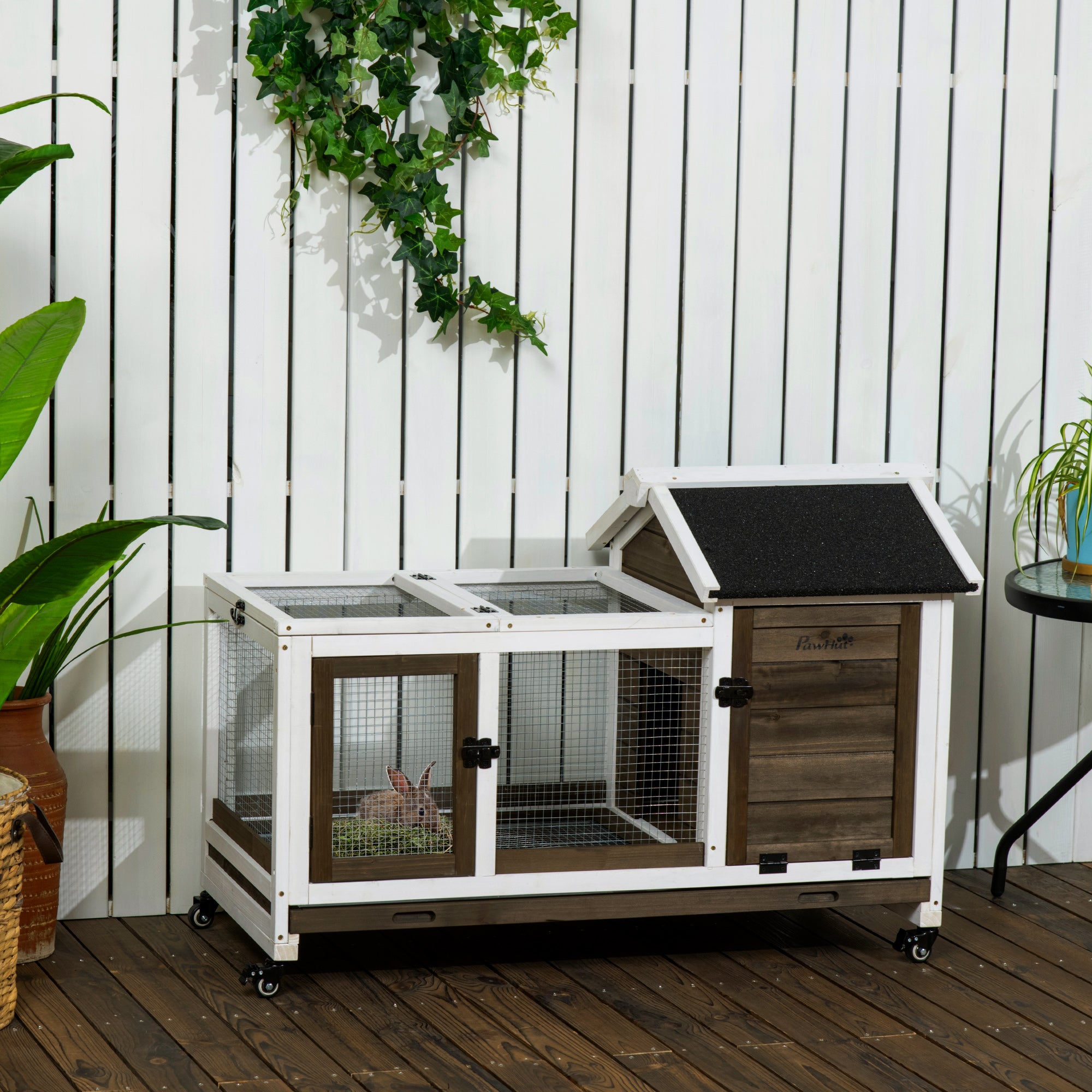 Wooden Rabbit Hutch with Wheels for Small Animals 108x58x73.5cm - Coffee