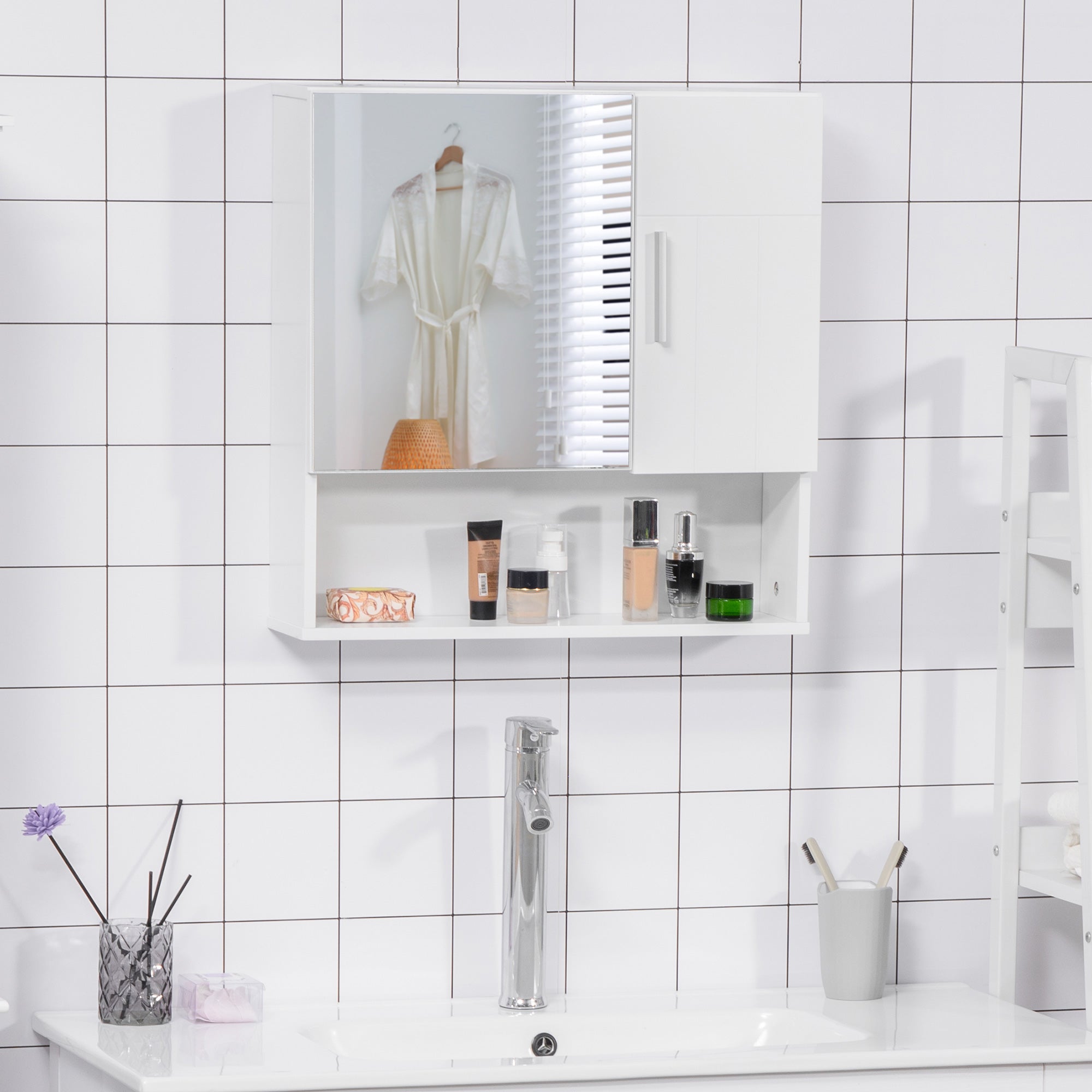 Wall Mounted Bathroom Mirror Cabinet with Adjustable Shelves - White