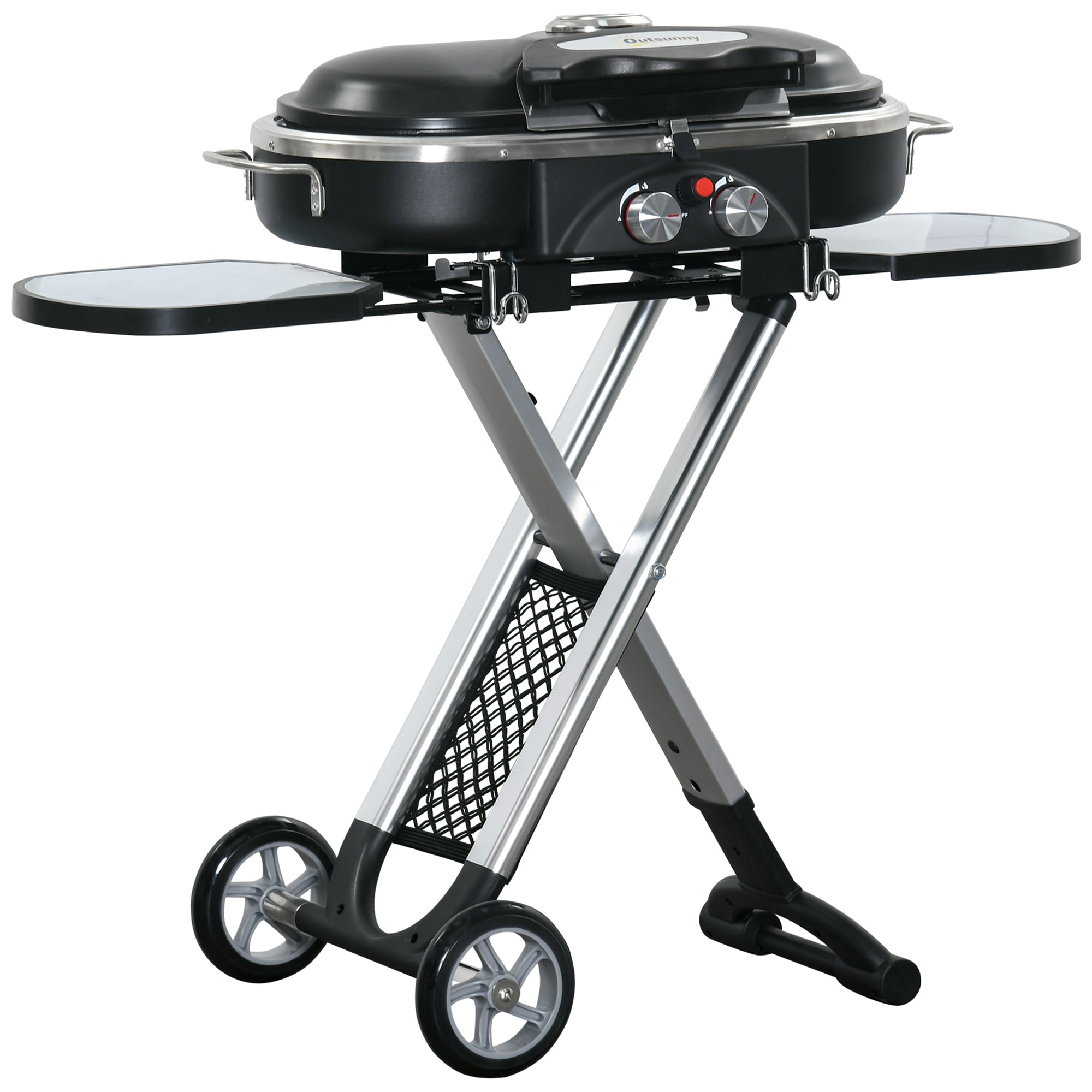Foldable 2 Burner Gas BBQ Grill Trolley with Lid, Side Shelves & Thermometer - Black Silver