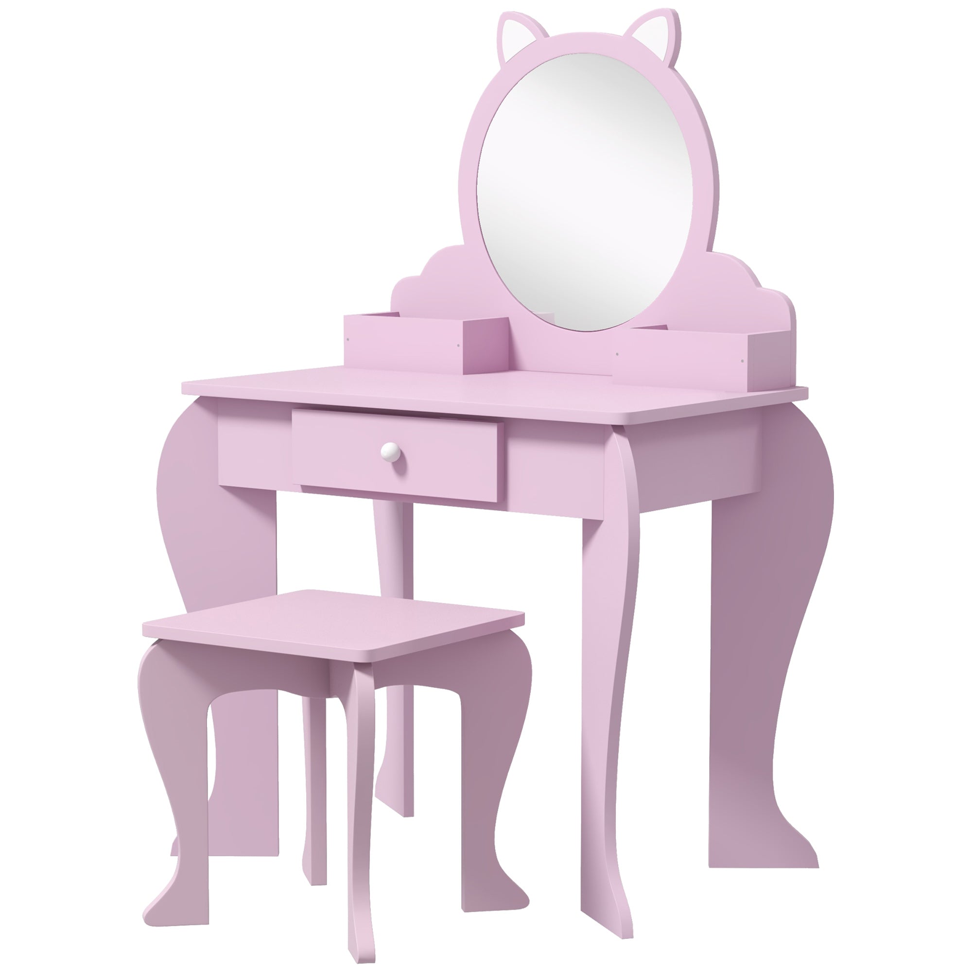 Kids Vanity Table Set with Mirror and Stool, Pink Cat Design, Storage Drawer