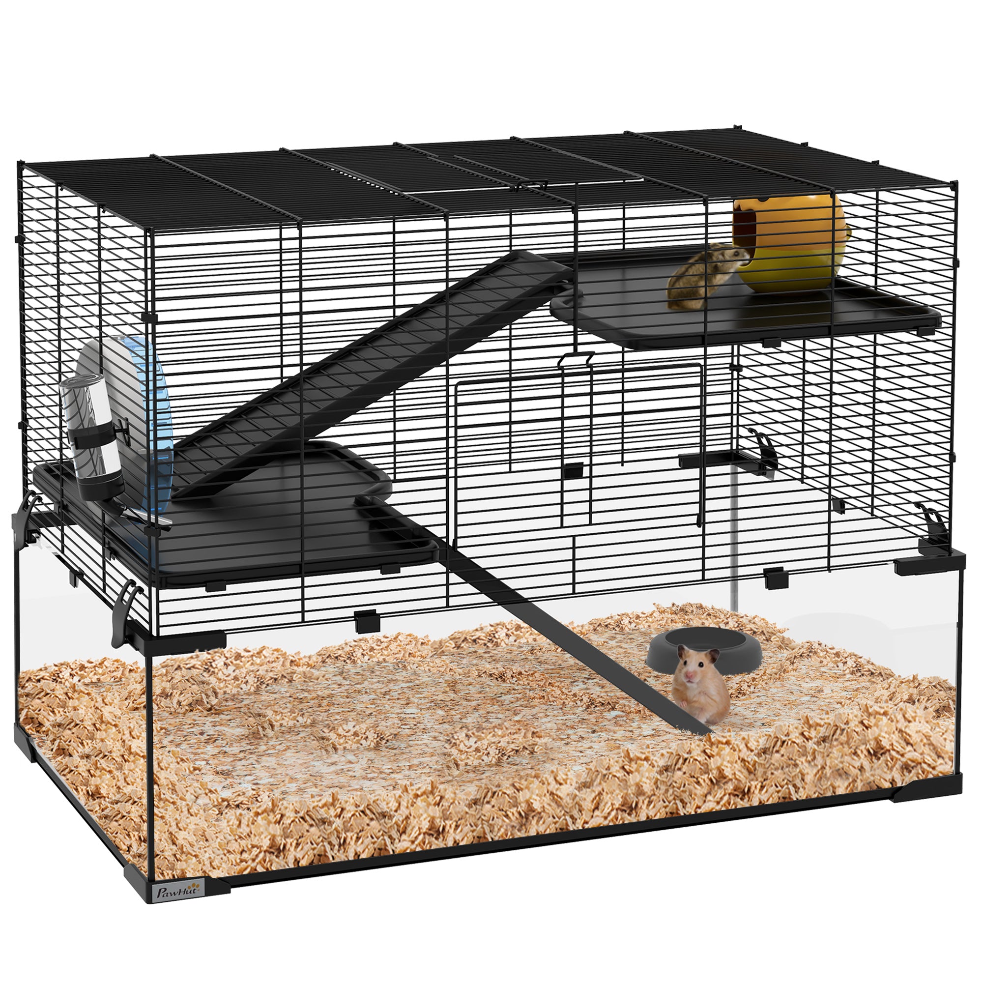 3 Tiers Hamster Cage with Deep Glass Bottom, Ramps, Wheel & Water Bottle for Syrian & Dwarf Hamsters - Black