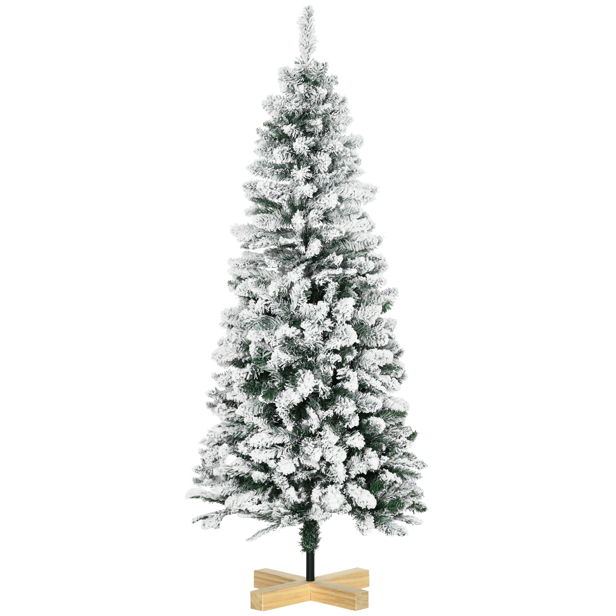 5 Foot Snow Flocked Artificial Christmas Pencil Tree with 426 Branches, Auto Open, Pinewood Base - Green