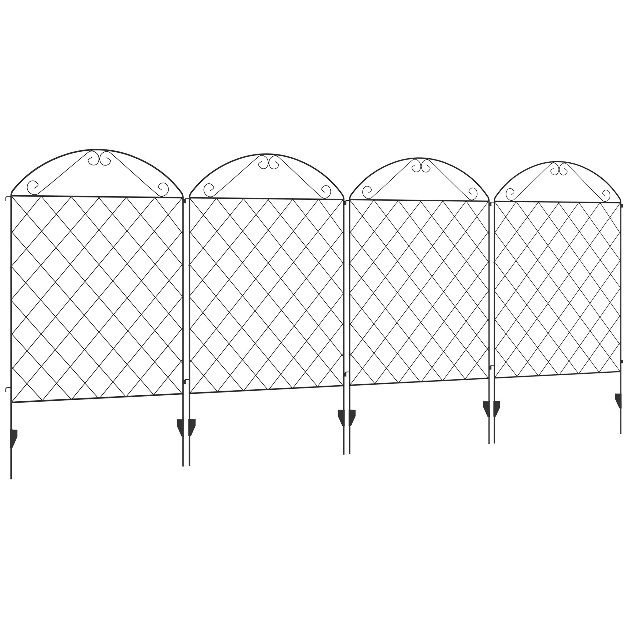 Set of 4 Rustproof Metal Garden Fence Panels with Decorative Swirls - Black