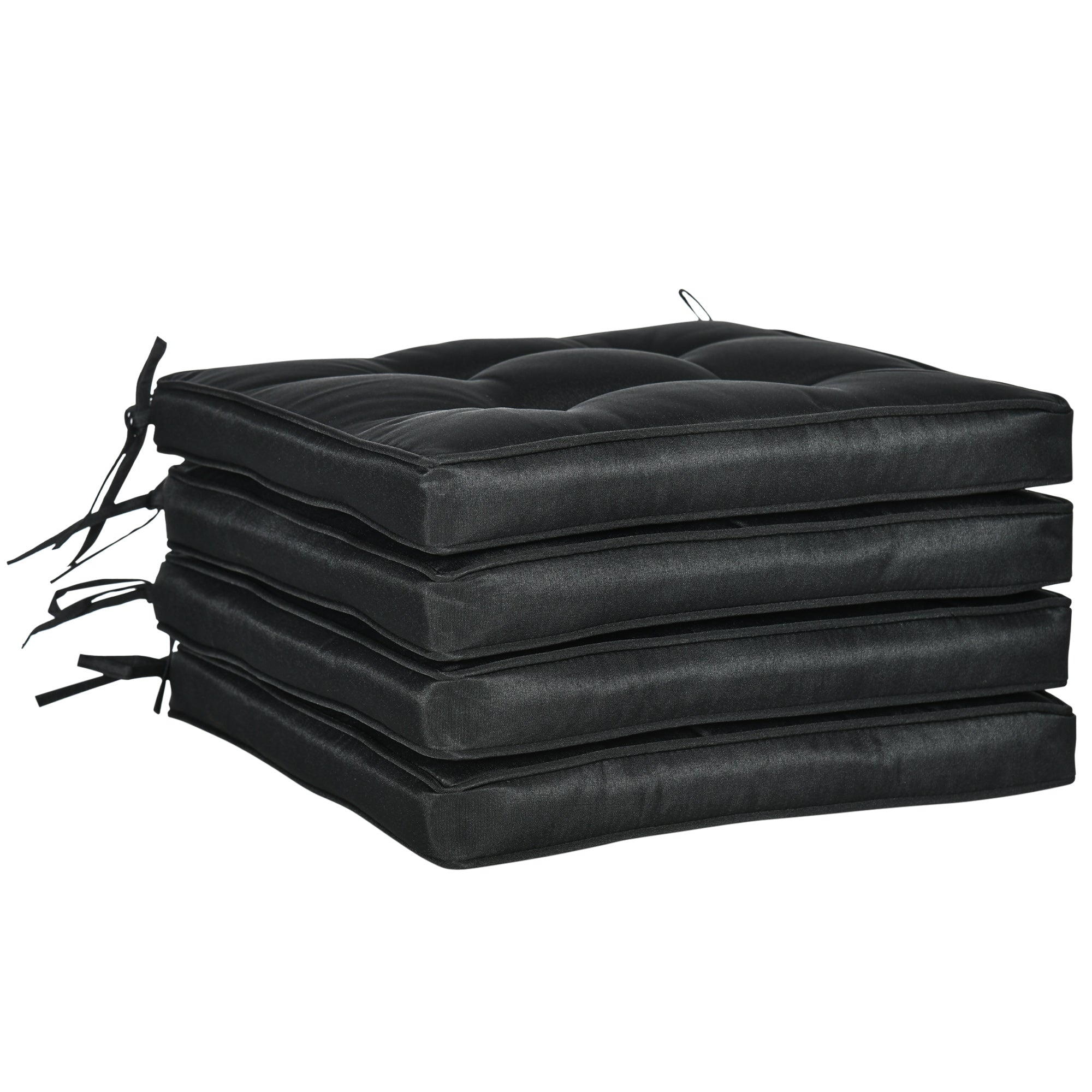 Set of 4 Garden Seat Cushions with Ties - Black Polyester Durable Pads