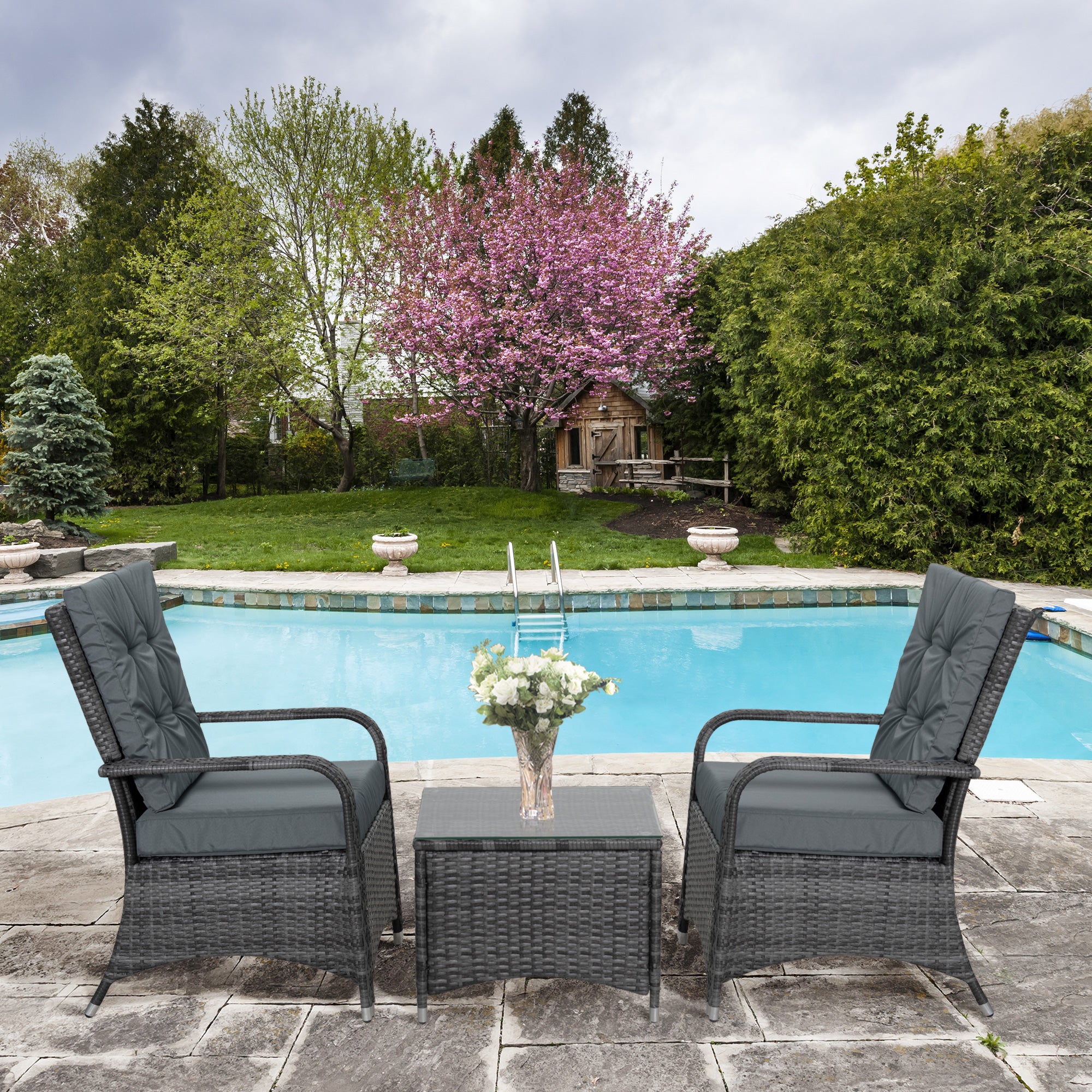 Rattan Garden Furniture 2-Seater Sofa Chair Table Bistro Set Wicker Weave Outdoor Patio Conservatory Set w/ Cover Steel Frame, Grey