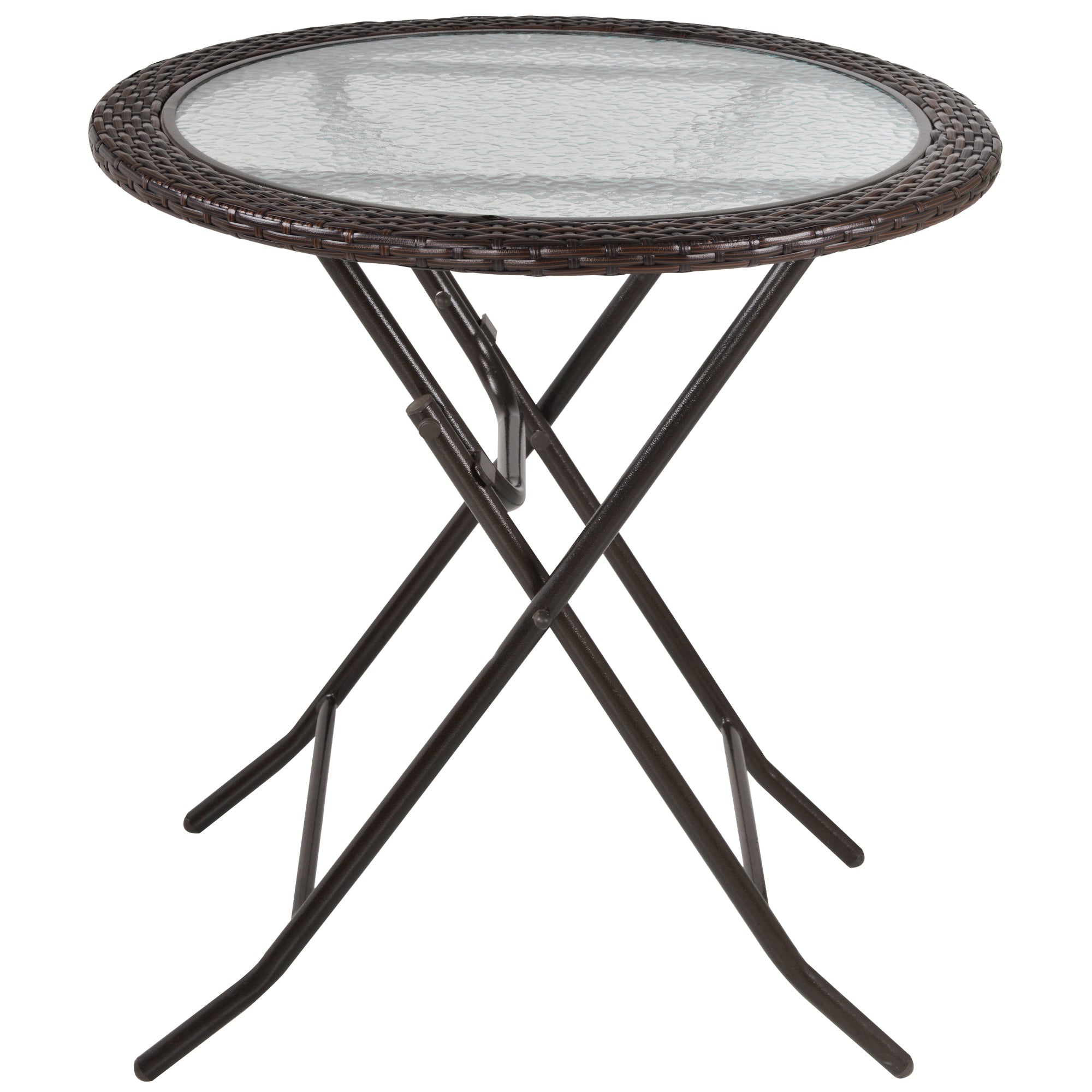Folding Round Tempered Glass Metal Table with Brown Rattan Edging - Brown