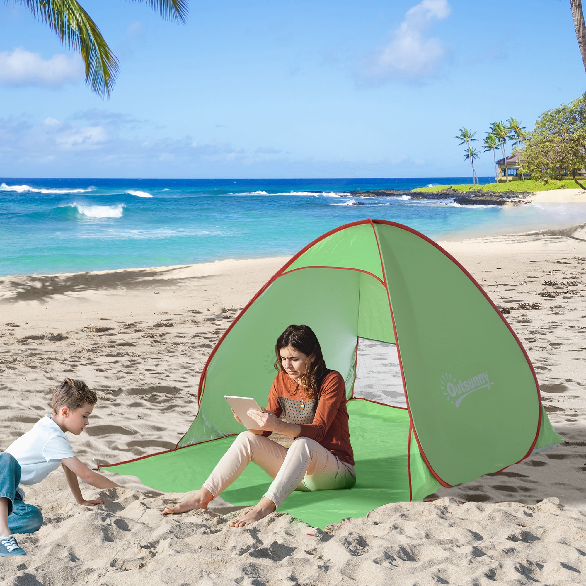2-3 Person Pop Up Beach Tent with UV Protection - Green