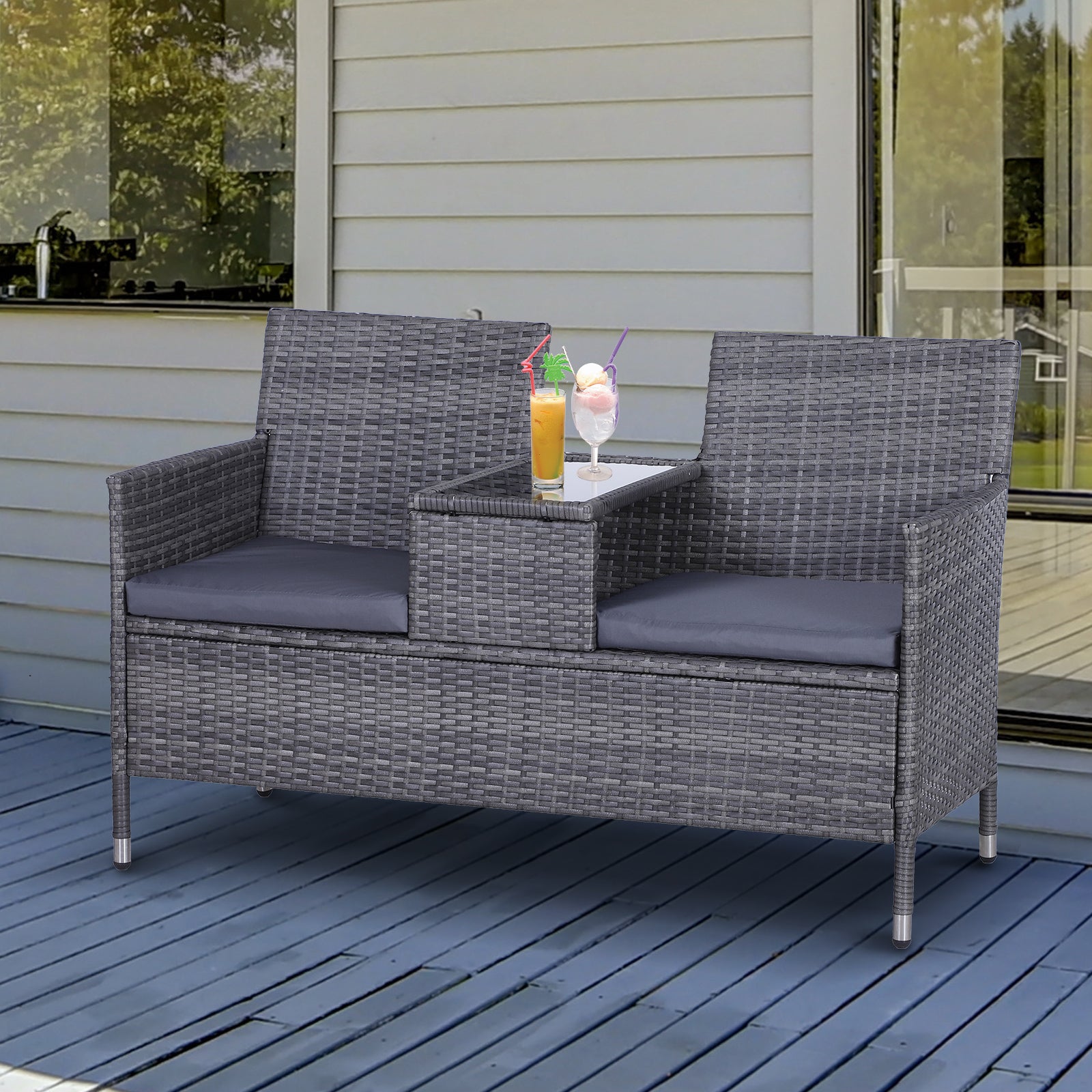 2 Seater Rattan Companion Bench with Cushions - Grey Outdoor