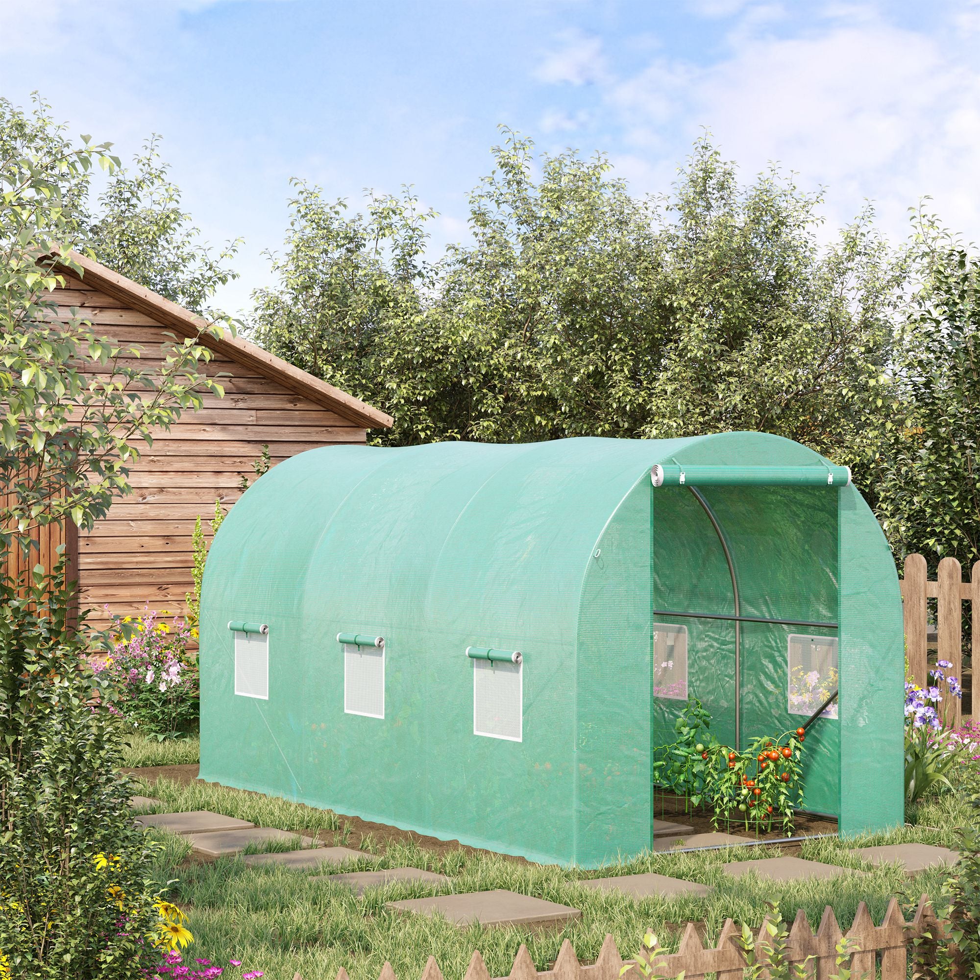 4 Piece Polytunnel Greenhouse with Galvanised Steel Frame - Green