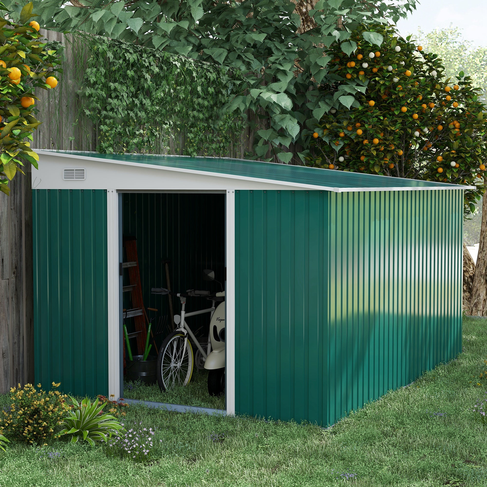 Metal Garden Storage Shed with Double Sliding Doors and Ventilation - Green