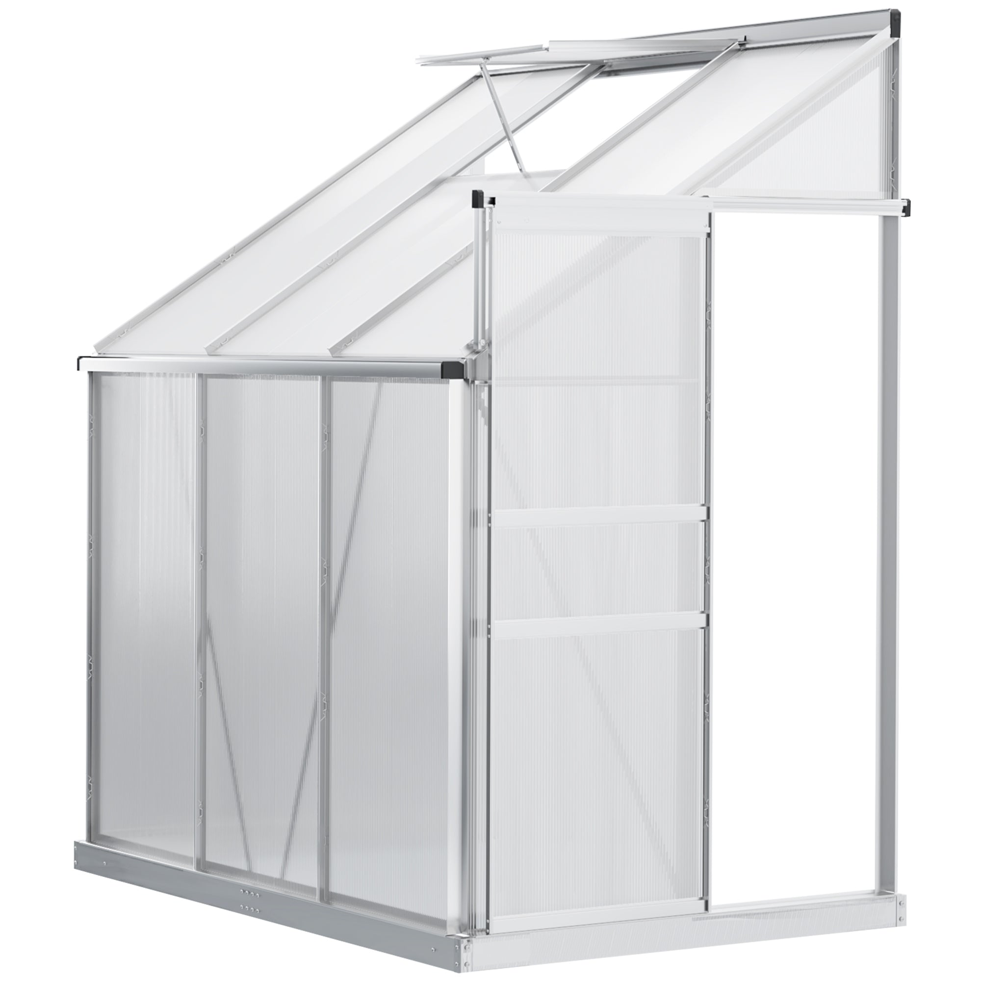 6x4ft Walk-In Lean To Greenhouse with Polycarbonate Panels - Aluminium Frame