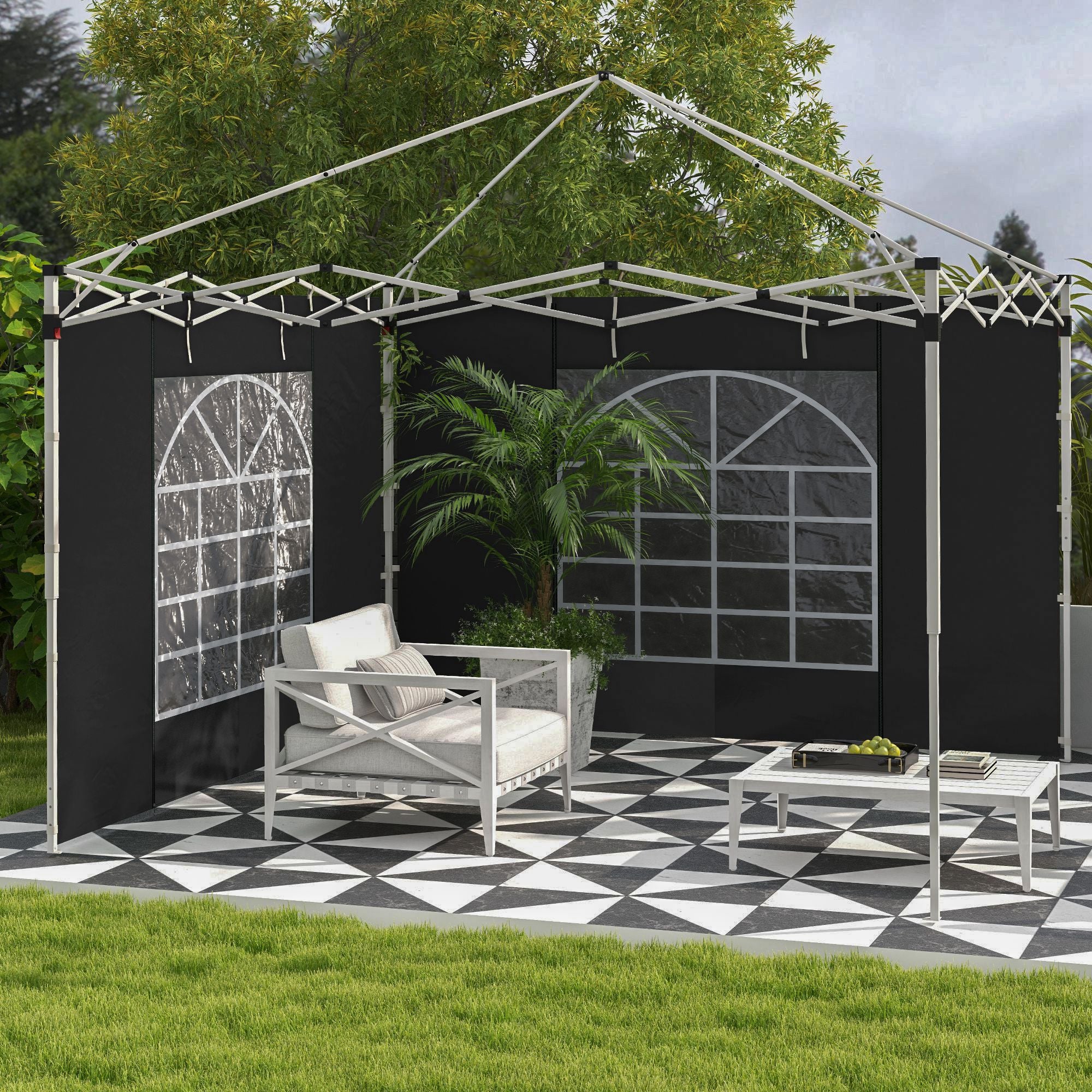 Set of 2 Gazebo Side Panels with Windows and Zipped Doors for 3x3/3x6m Canopy - Black