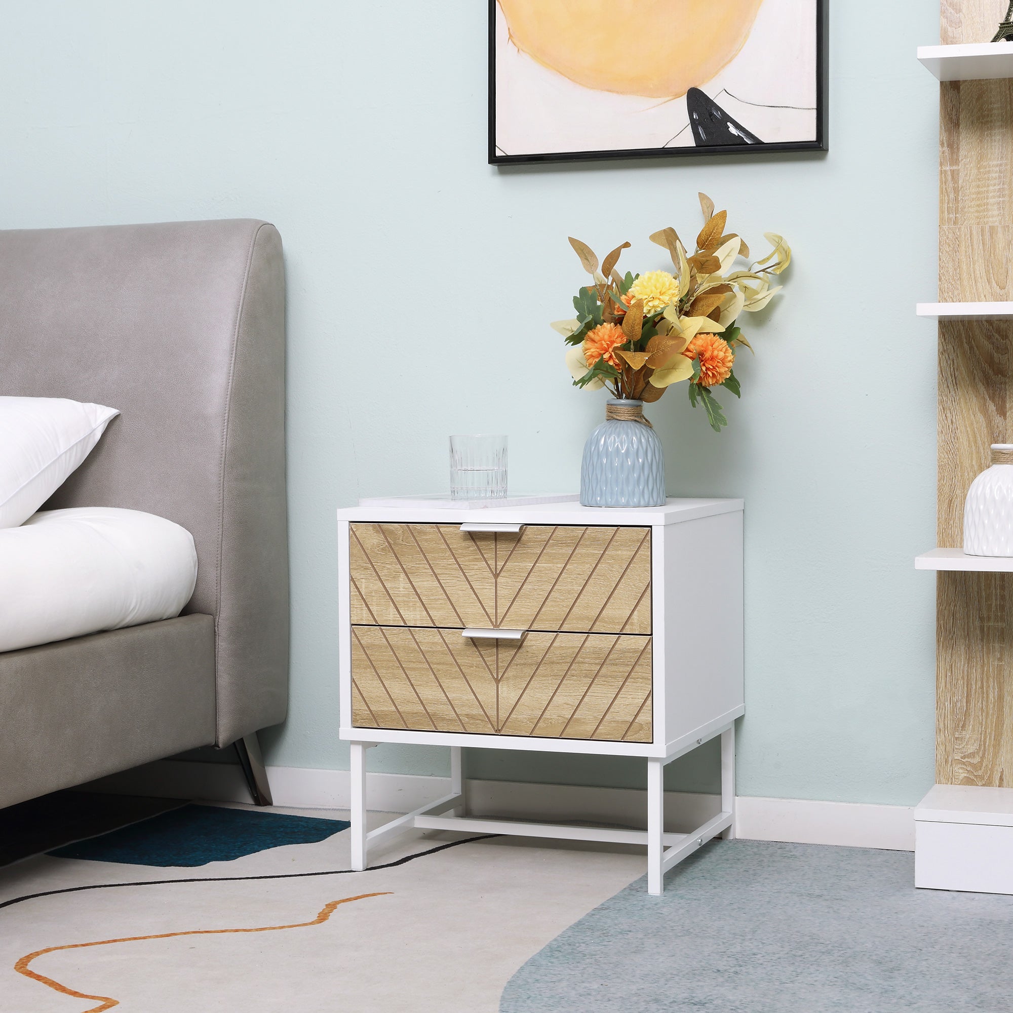 Modern Bedside Table with 2 Drawers and Metal Frame - White and Oak