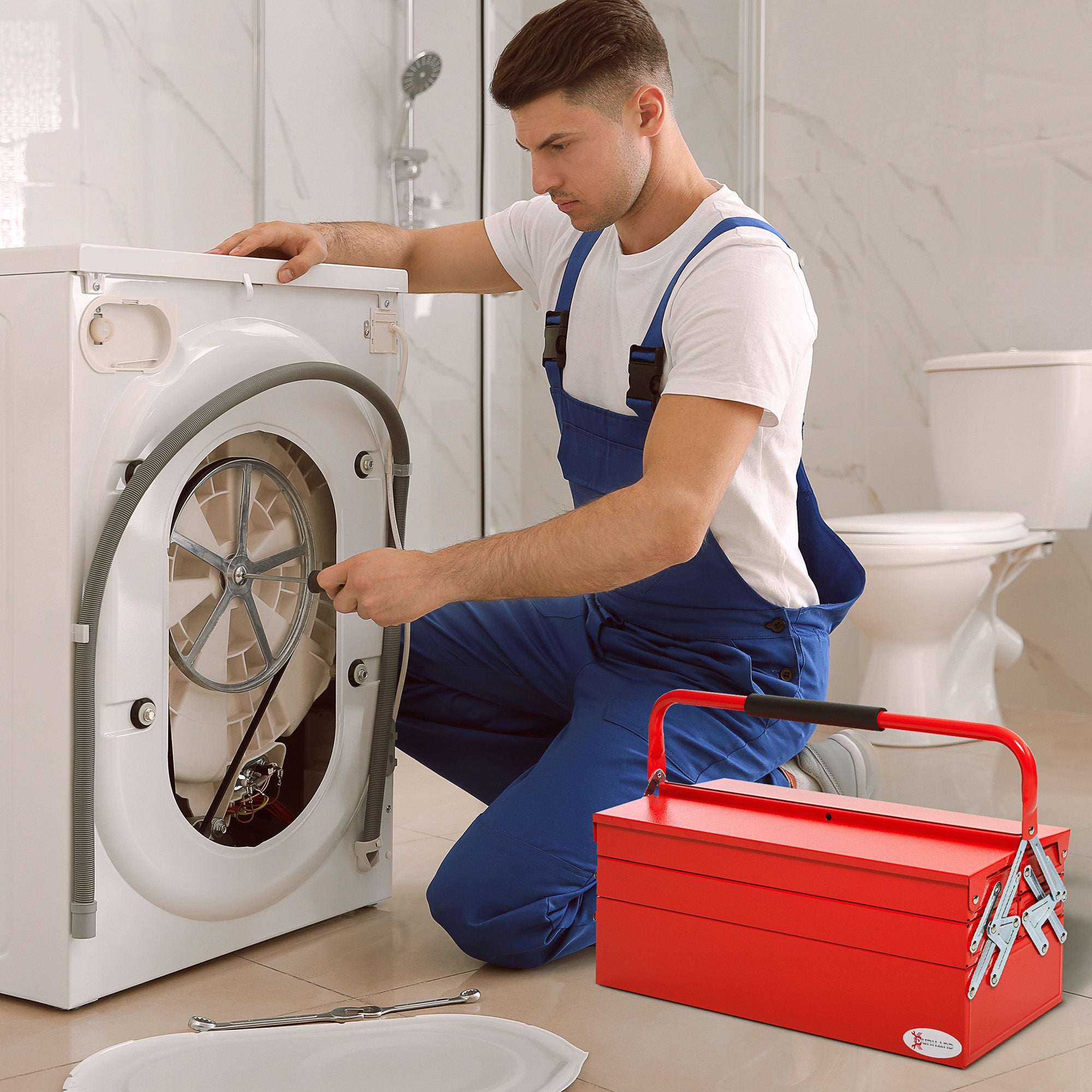 Metal Tool Box 3 Tier 5 Tray Professional Portable Storage Cabinet Workshop Cantilever Toolbox with Carry Handle, 57cmx21cmx41cm, Red