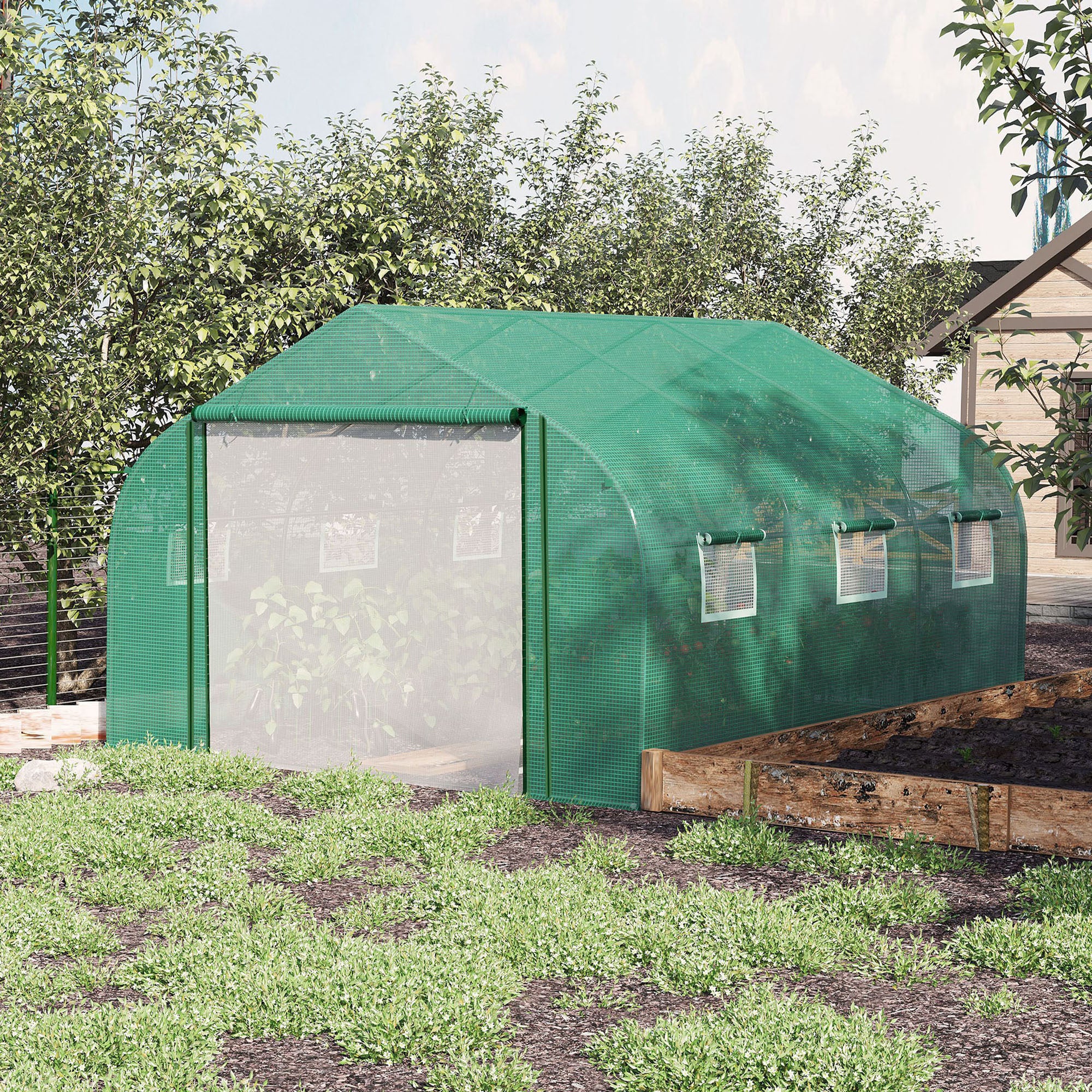 Walk-In Polytunnel Garden Greenhouse with PE Cover and Roll-Up Mesh Windows - Green
