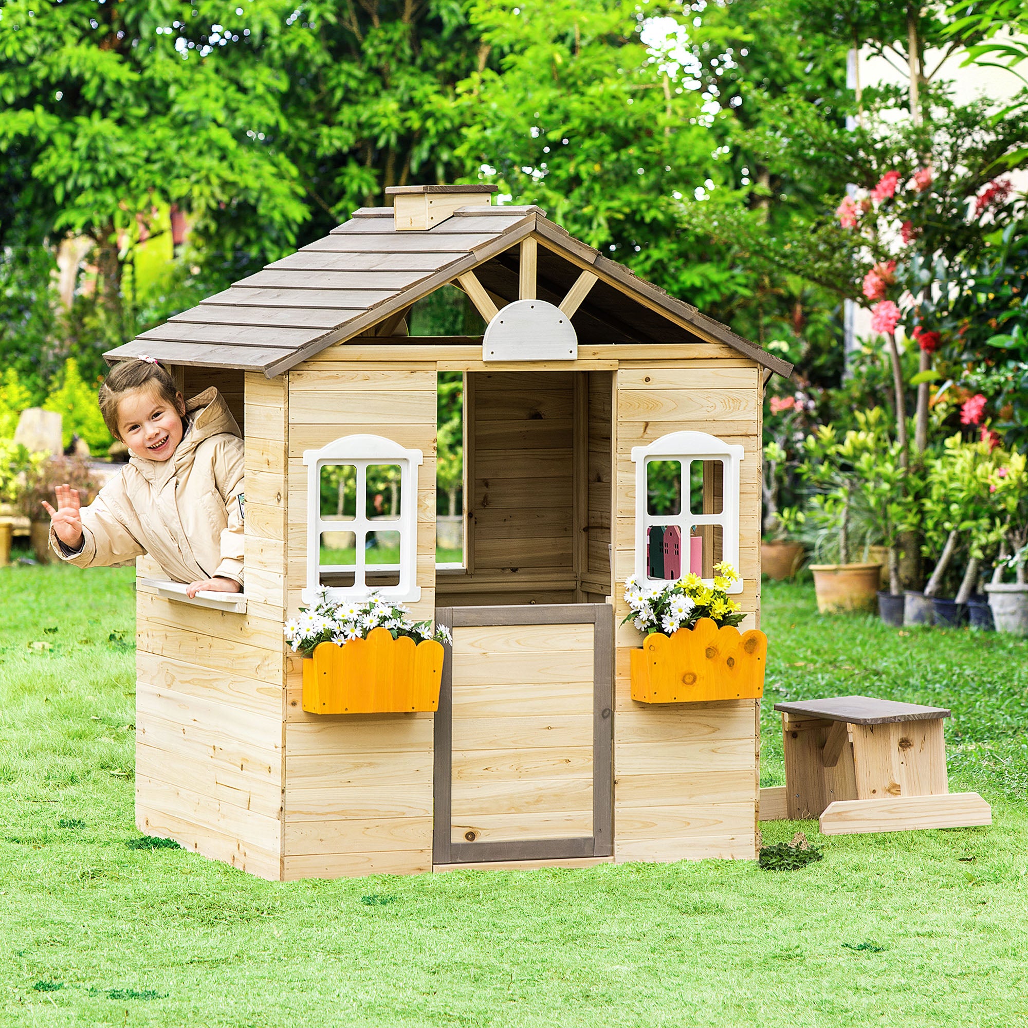 Wooden Kids Playhouse with Door and Bench for Outdoor Garden - Natural Finish