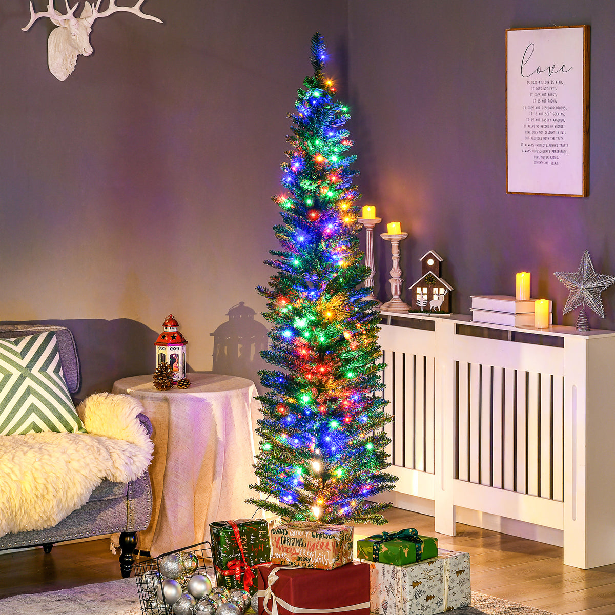 6' Prelit Artificial Pencil Christmas Tree with Colourful LED Lights and Steel Base - Green