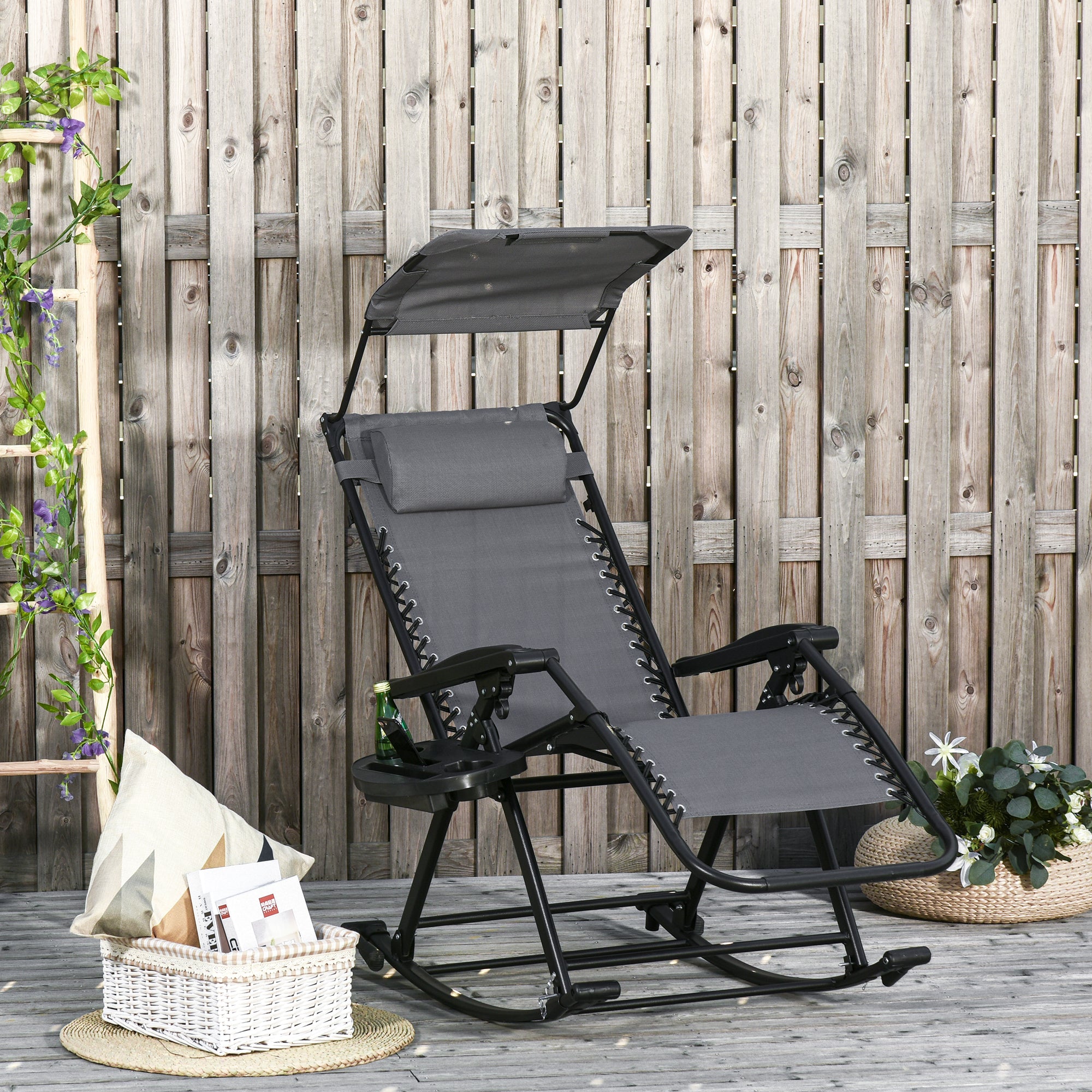 Garden Rocking Chair Zero Gravity Recliner with Headrest Grey