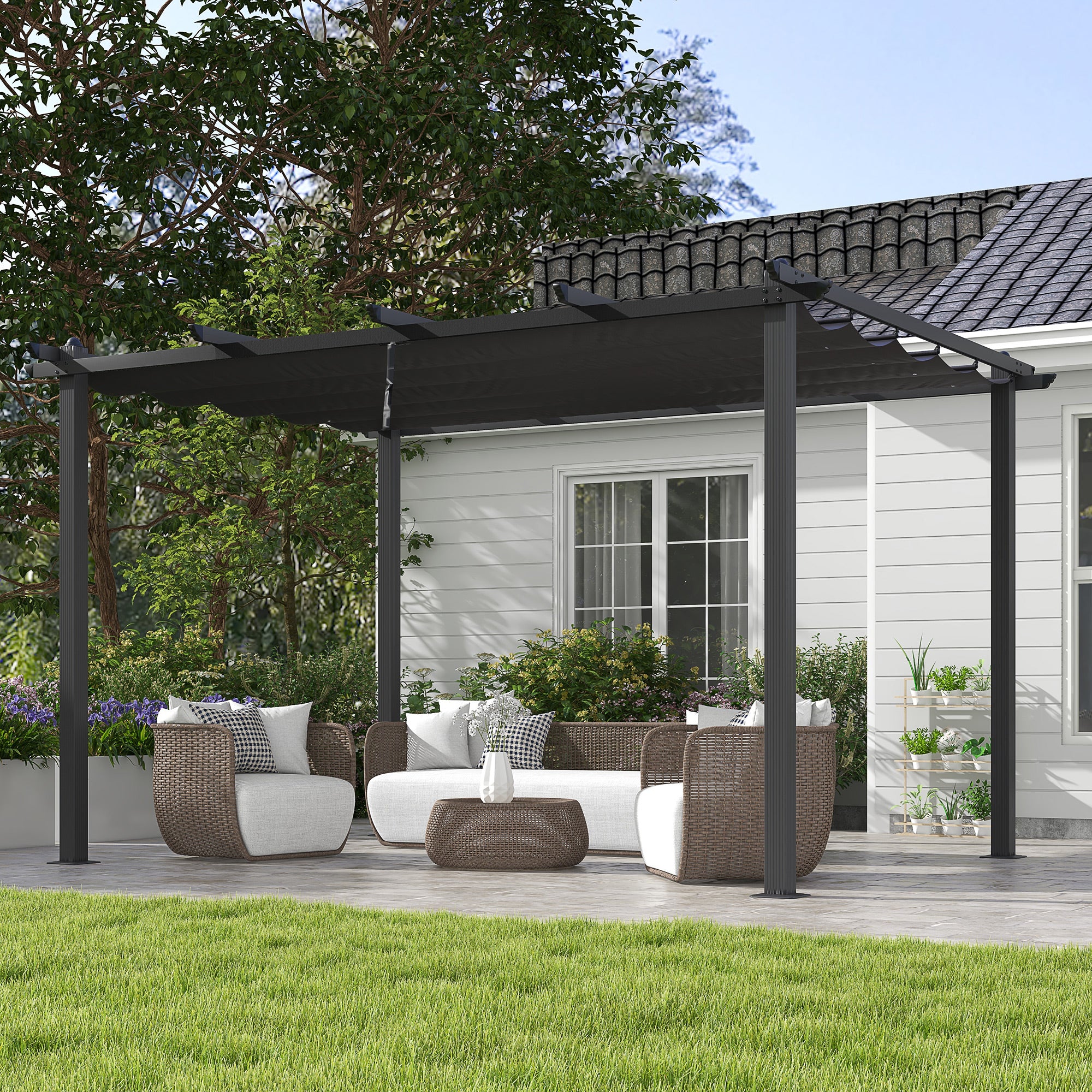 3 x 4m Aluminium Pergola with Retractable Roof and Rust Resistant Frame - Dark Grey