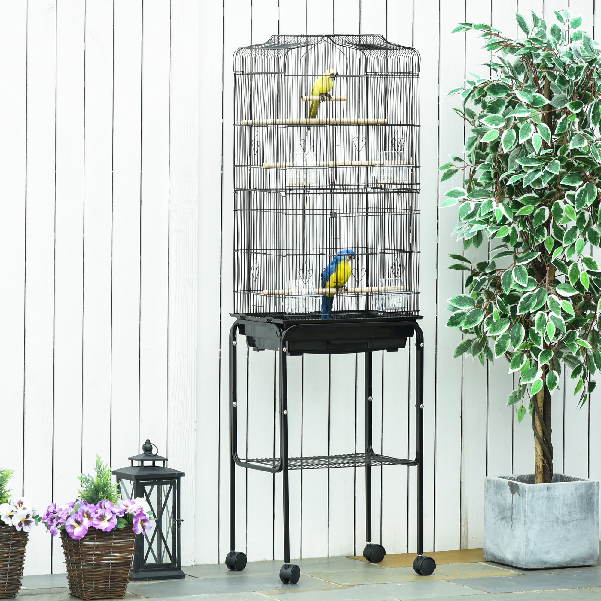 Bird Cage with Stand, Wheels, Slide-Out Tray & Storage Shelf for Budgie, Finch, Canary, Parakeet - Black 36x46.5x157 cm