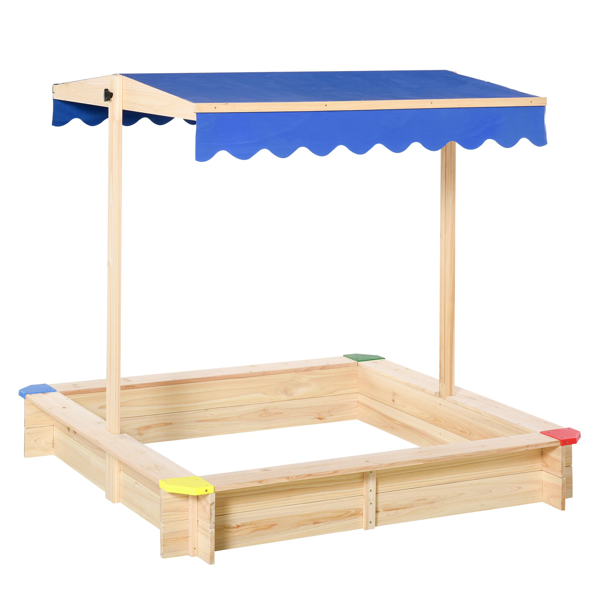 Kids Wooden Sandpit with Adjustable Canopy and Bench Seat - Natural Wood