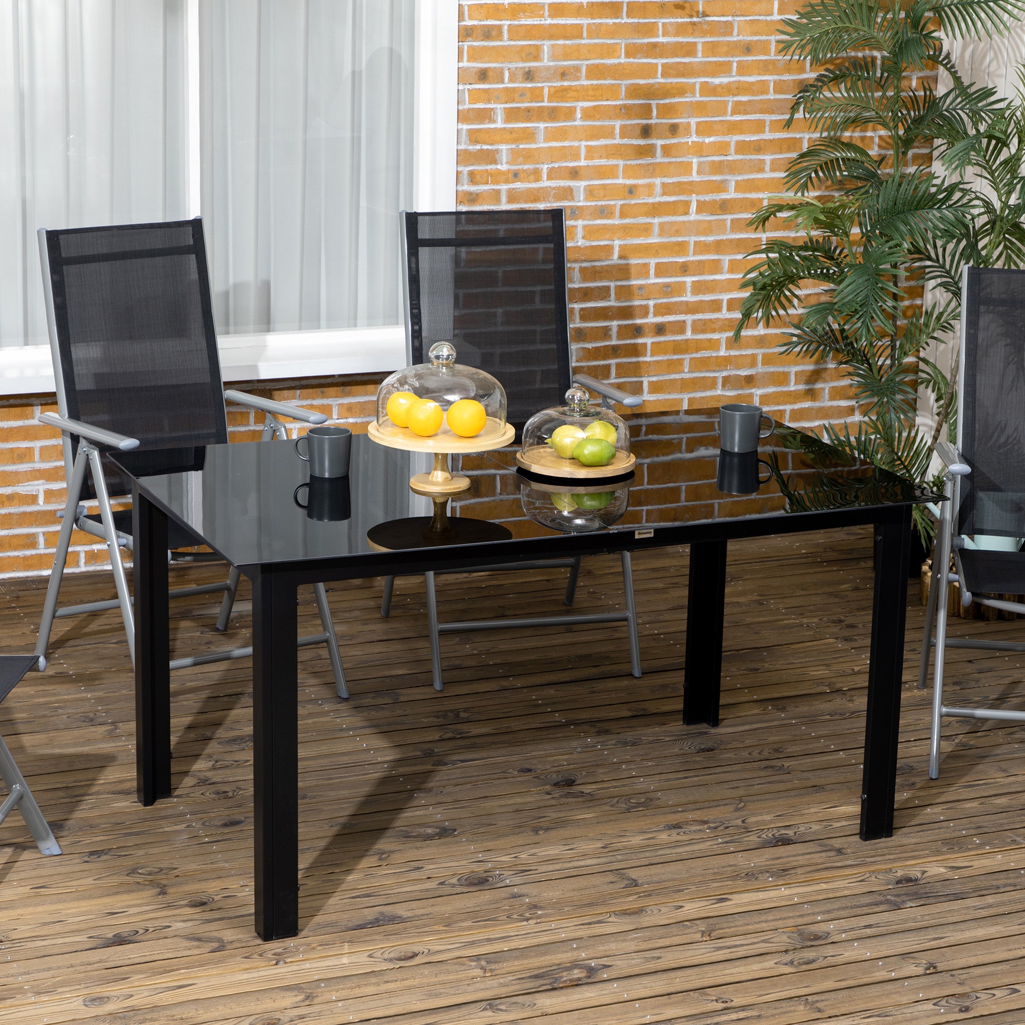 6 Seater Aluminium Outdoor Dining Table with Tempered Glass Top Black