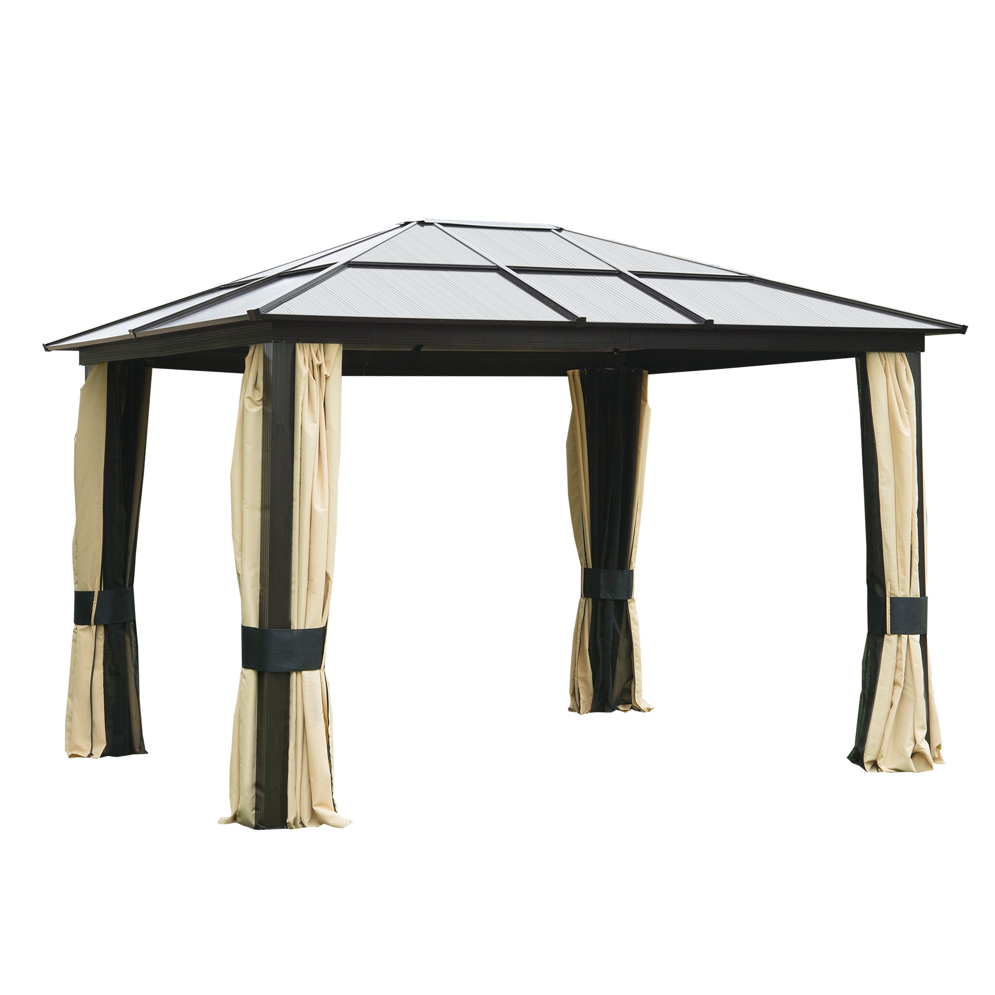 3.6 x 3 Metre Hardtop Gazebo Canopy with Polycarbonate Roof and Mosquito Netting - Brown
