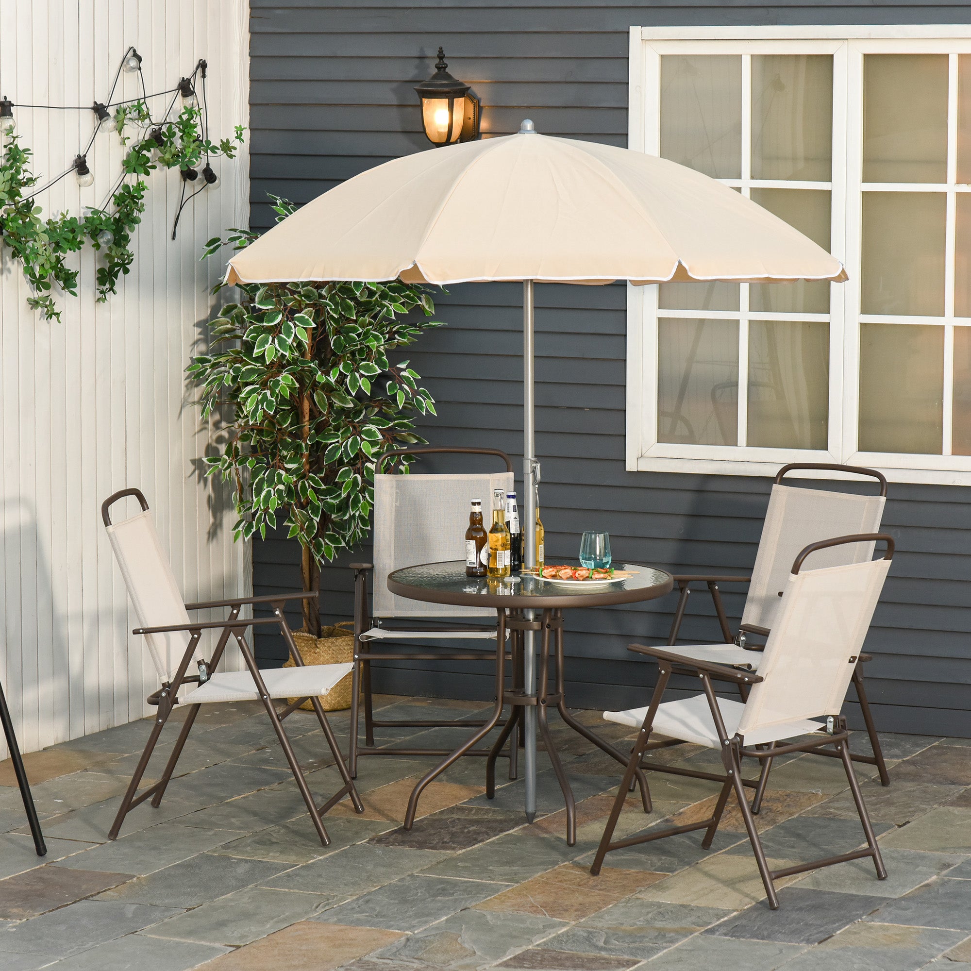 Garden Patio Texteline Folding Chairs Plus Table and Parasol Furniture Bistro Set - Beige (6-Piece)