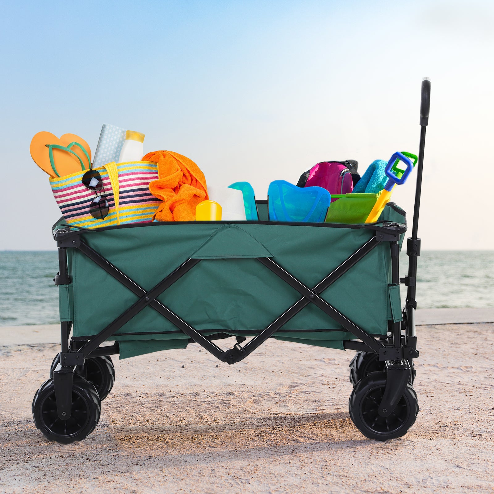 Folding Outdoor Cargo Wagon Cart with Telescopic Handle Green