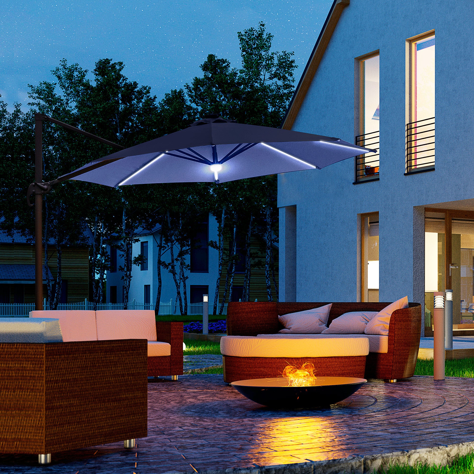 3 Metre Cantilever Parasol with Solar LED Light and Rotating Canopy - Blue
