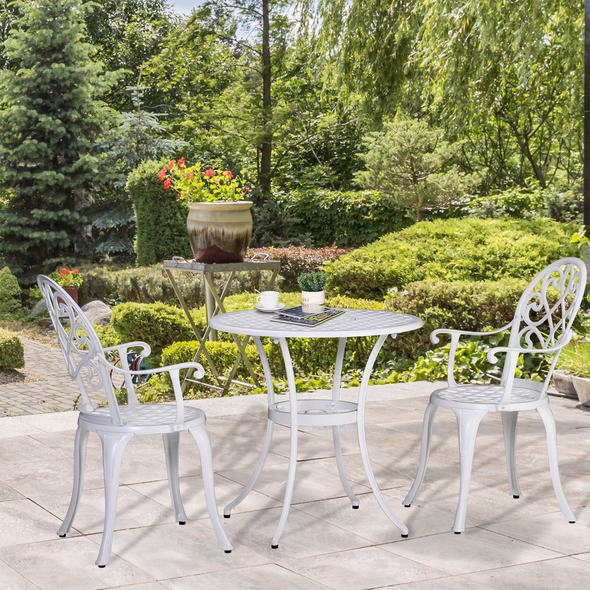 3PC Garden Bistro Set Round Table with 2 Chairs Aluminium - White