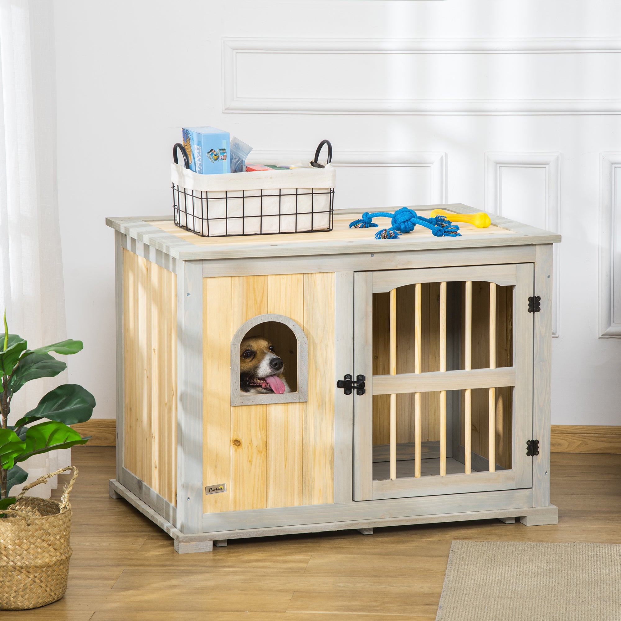 Wooden Dog Crate, End Table w/ Lockable Door and Window for Small and Medium Dog, Grey and Yellow, 95 x 65.5 x 70.5cm