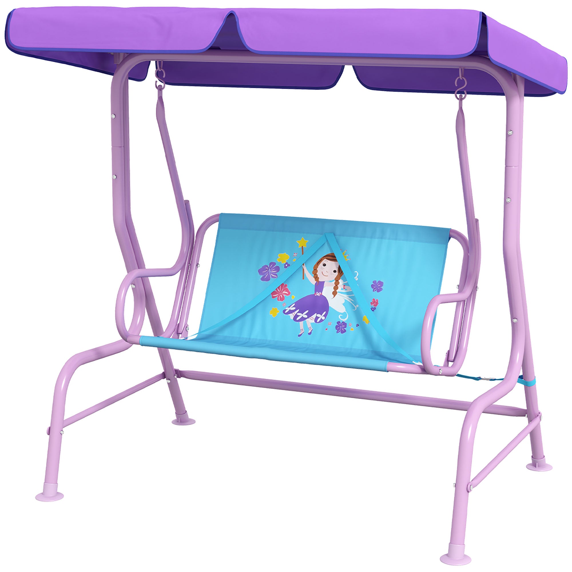2 Seater Kids Garden Swing Chair with Adjustable Canopy and Safety Belts - Fairy Themed