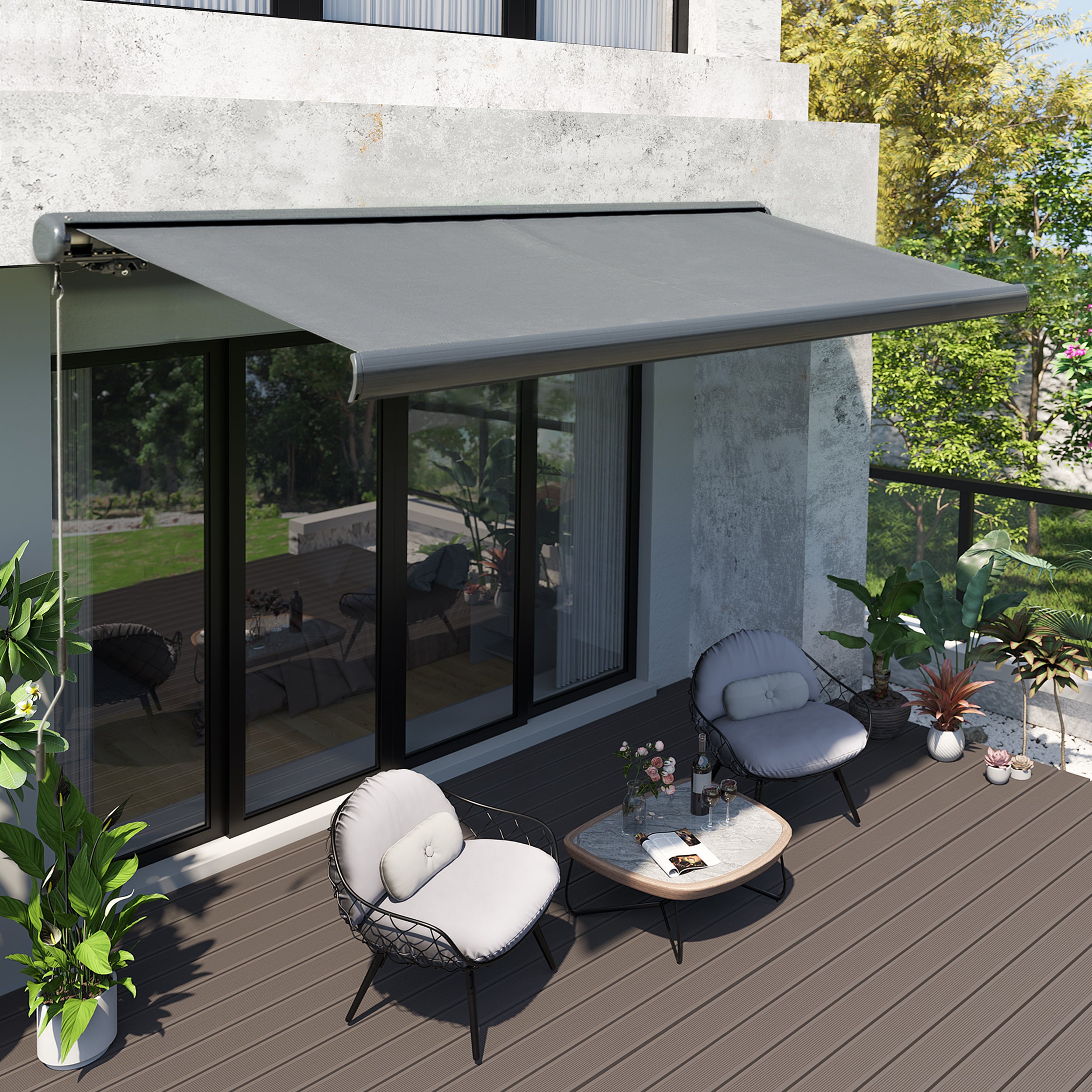 Electric Motorised Retractable Patio Awning with Remote and LED Grey