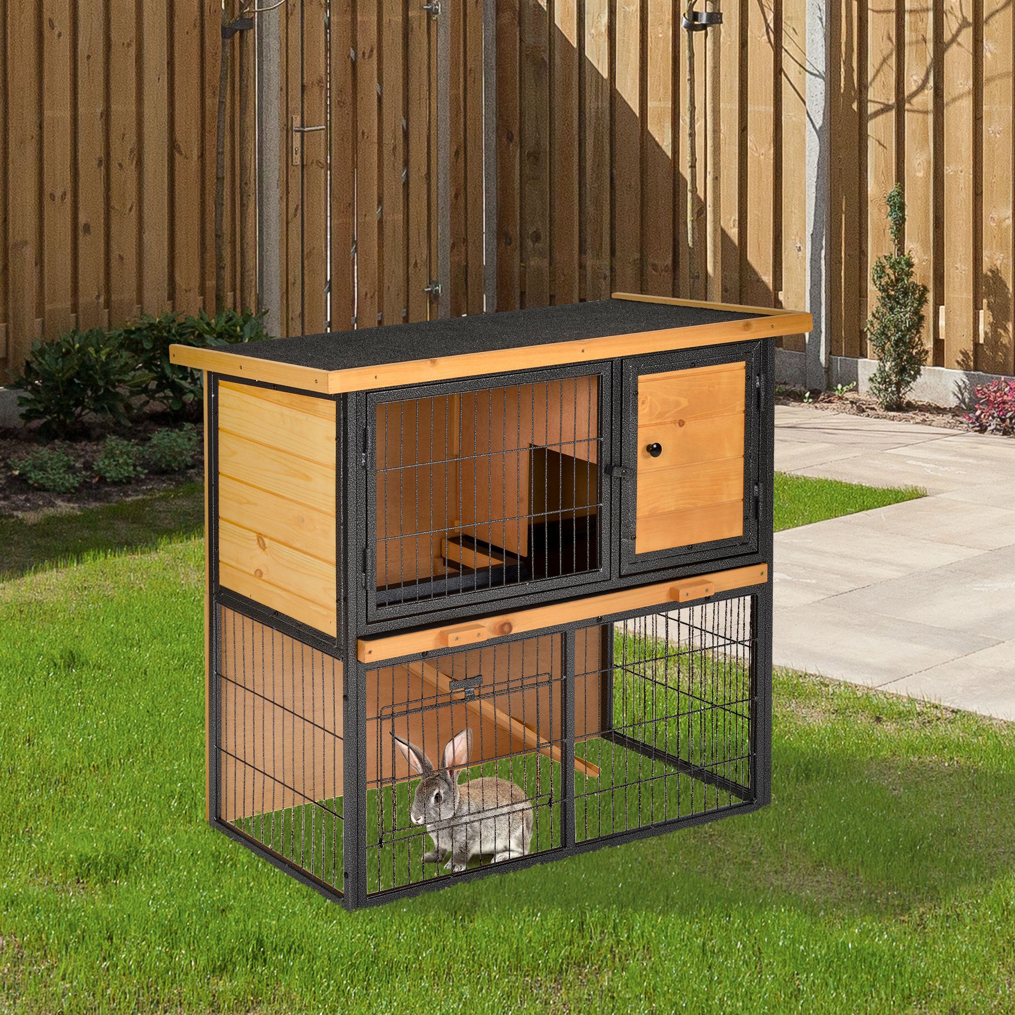 Wood-Metal Elevated Rabbit Hutch with Slide-Out Tray, Lockable Doors & Asphalt Roof - Light Yellow Black