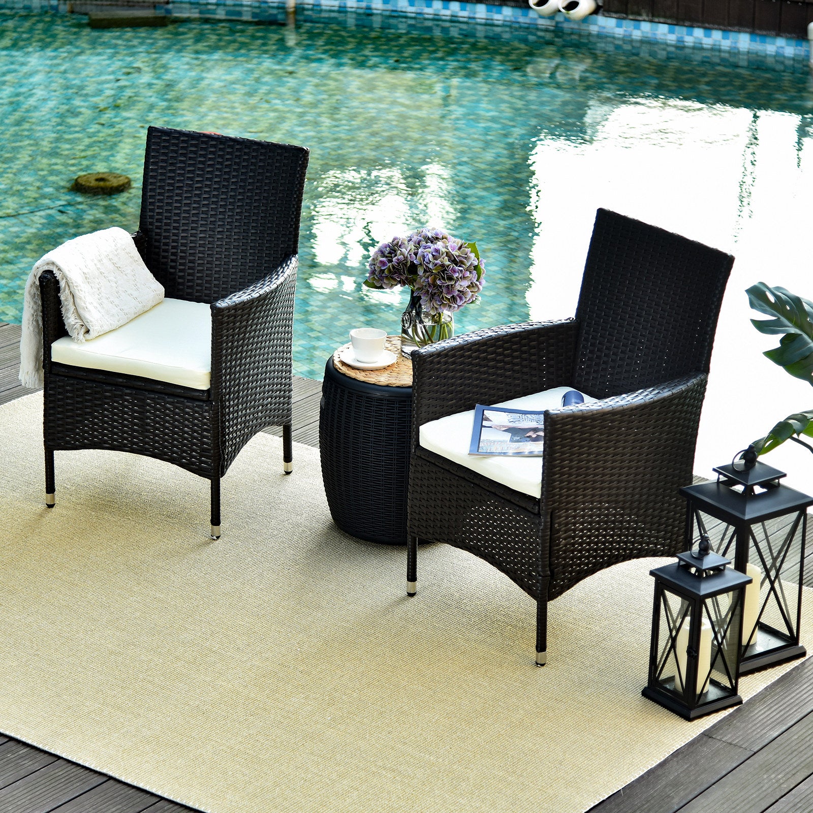 2 Seater Outdoor Rattan Dining Chairs with Cushions - Deep Coffee