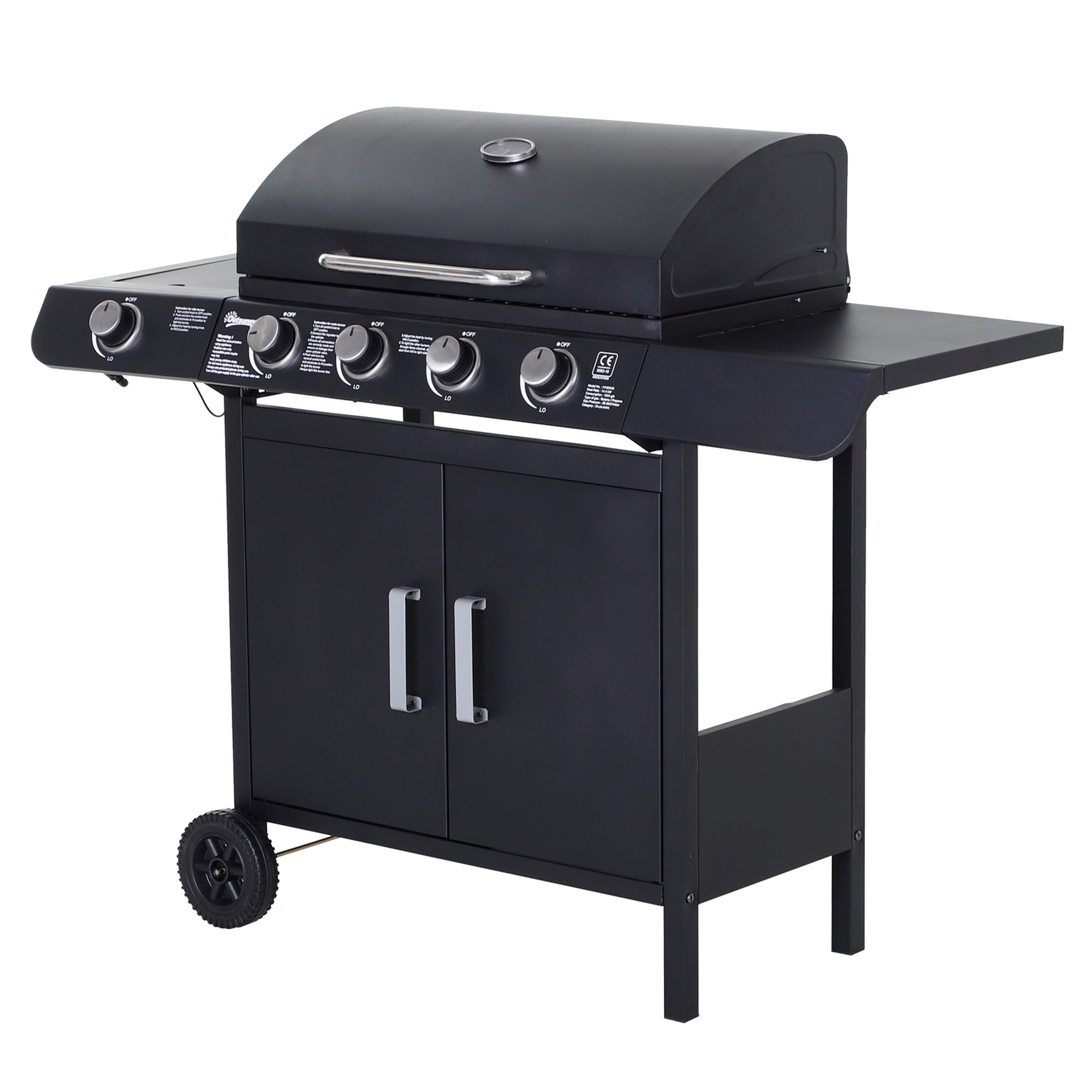 4+1 Gas Burner BBQ Grill Trolley with Side Burner, Storage & Wheels - Black