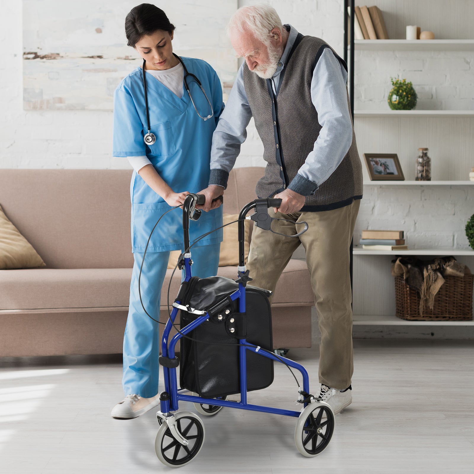 Tri Rollator Walker for Seniors and Handicapped, Three Wheel Rollator with Handbrakes, Adjustable Height, PU Storage Bag, Metal