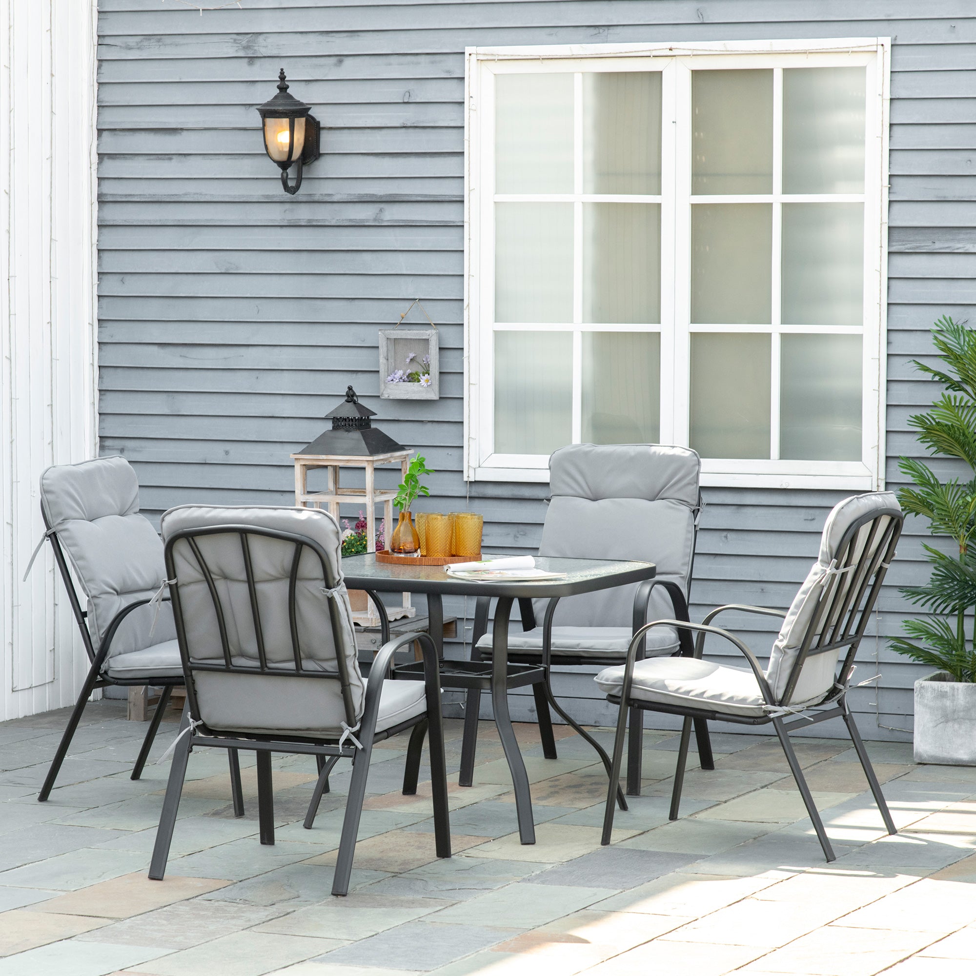 5-Piece Outdoor Garden Dining Set with Tempered Glass Table & 4 Cushioned Armchairs - Black