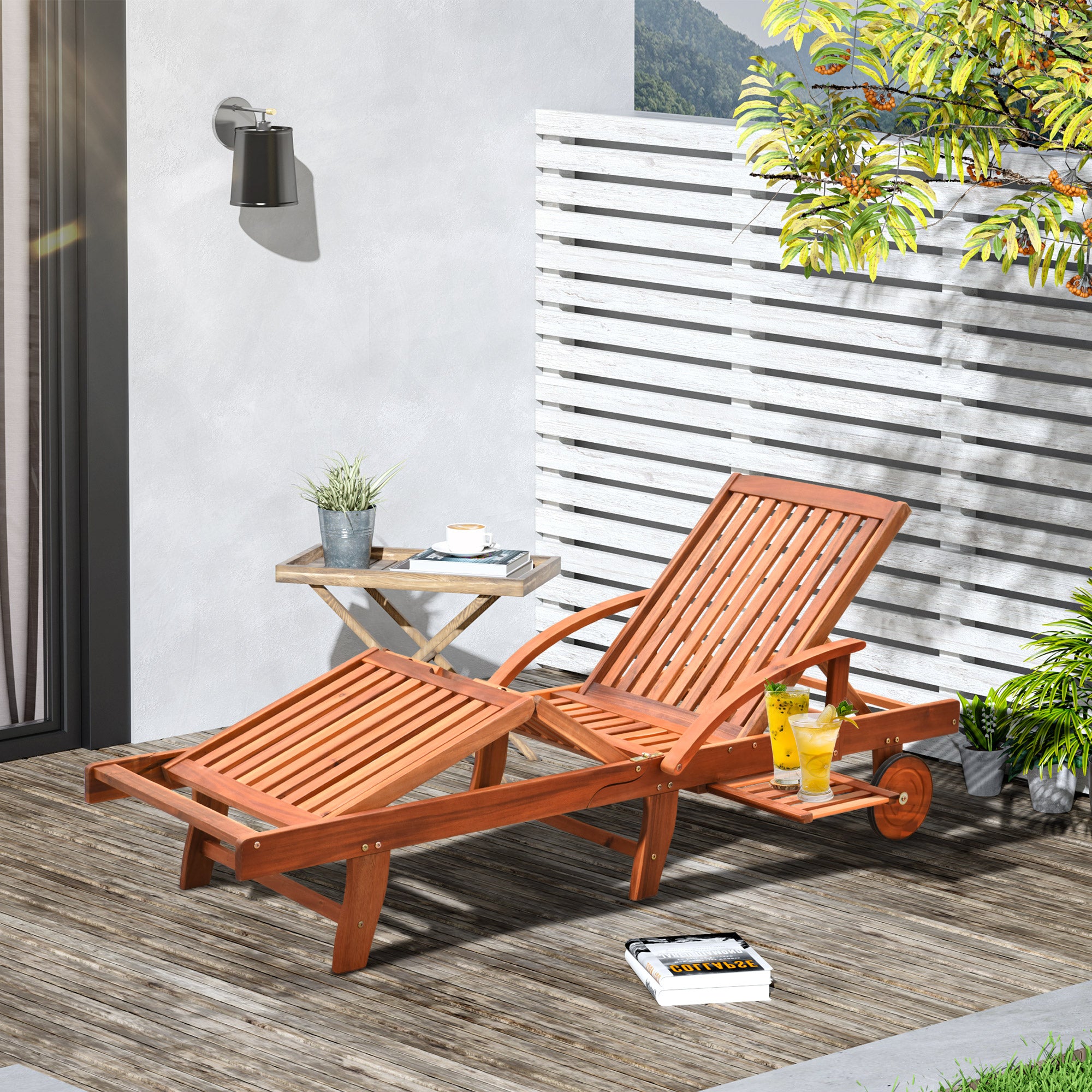 Outdoor Wooden Foldable Sun Lounger with Wheels and Side Table - Natural