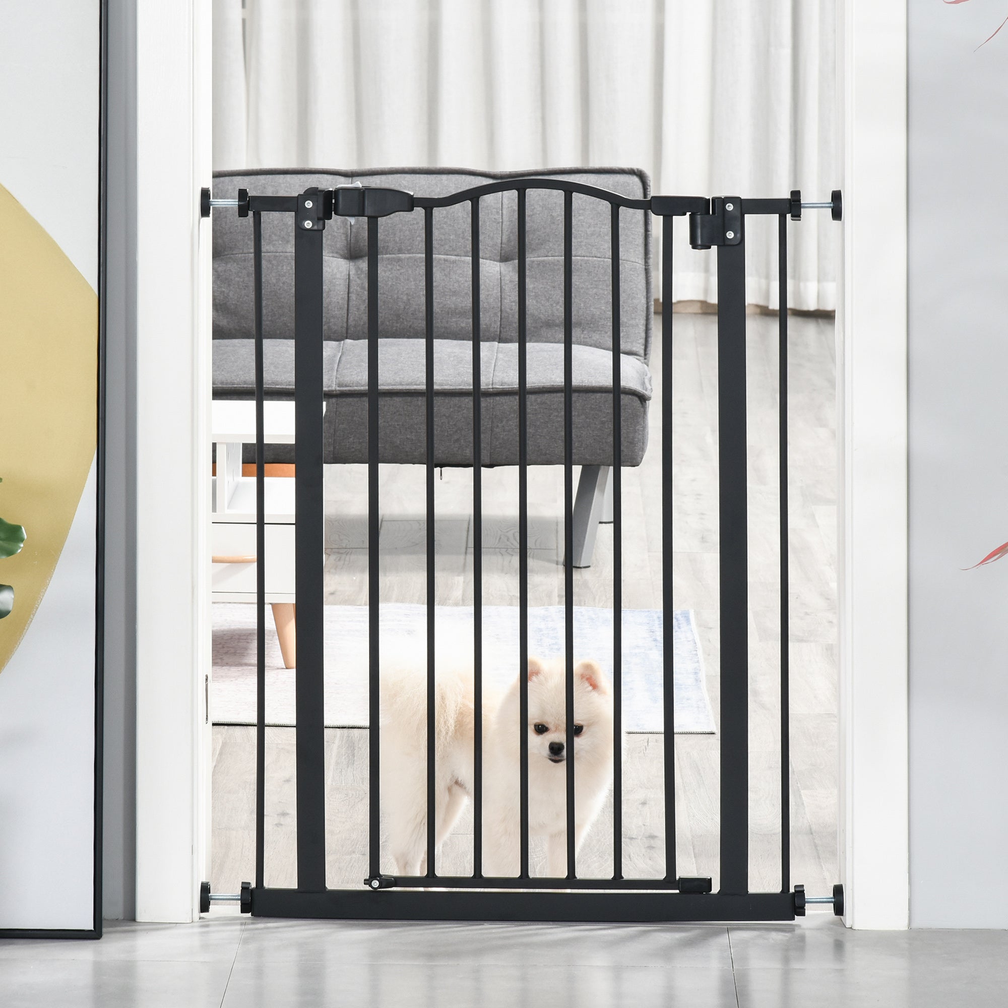 Adjustable 74-84cm Metal Pet Safety Gate with Auto-Close Door & Double Lock - Black