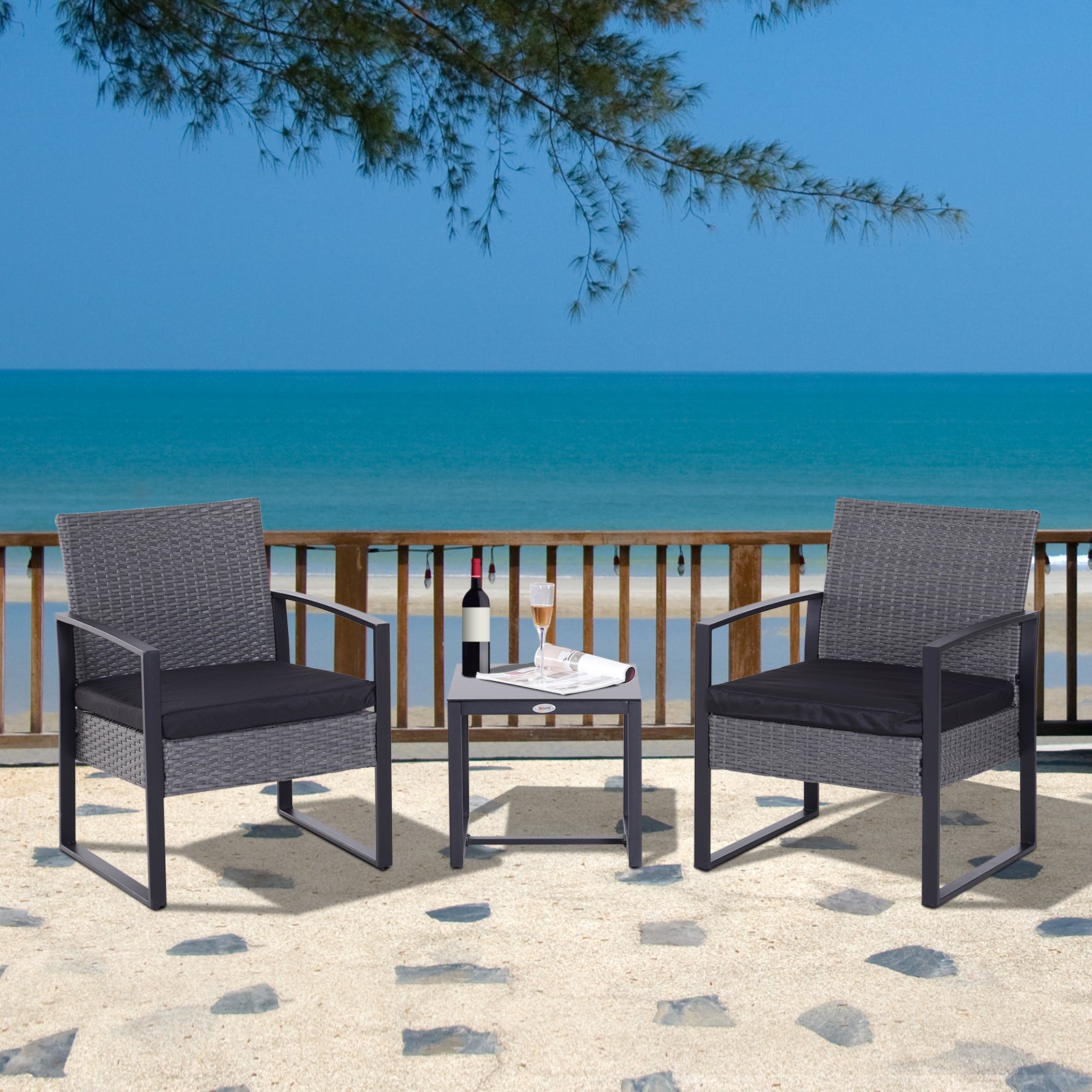 3 Piece PE Rattan Garden Bistro Set with Glass Table Top - Grey