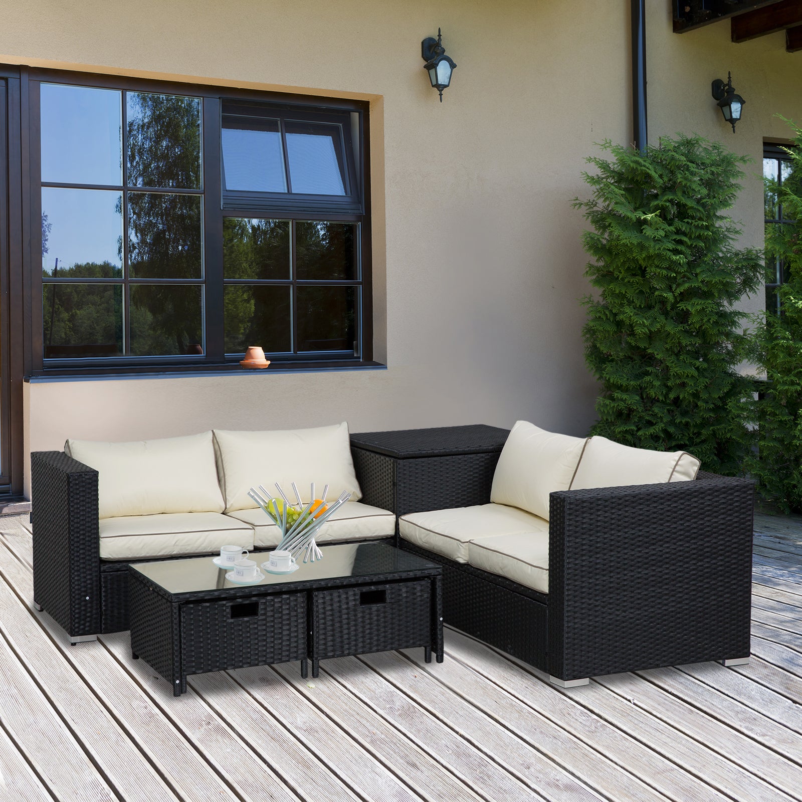 4 Piece Rattan Garden Sofa Set with Storage Table - Black