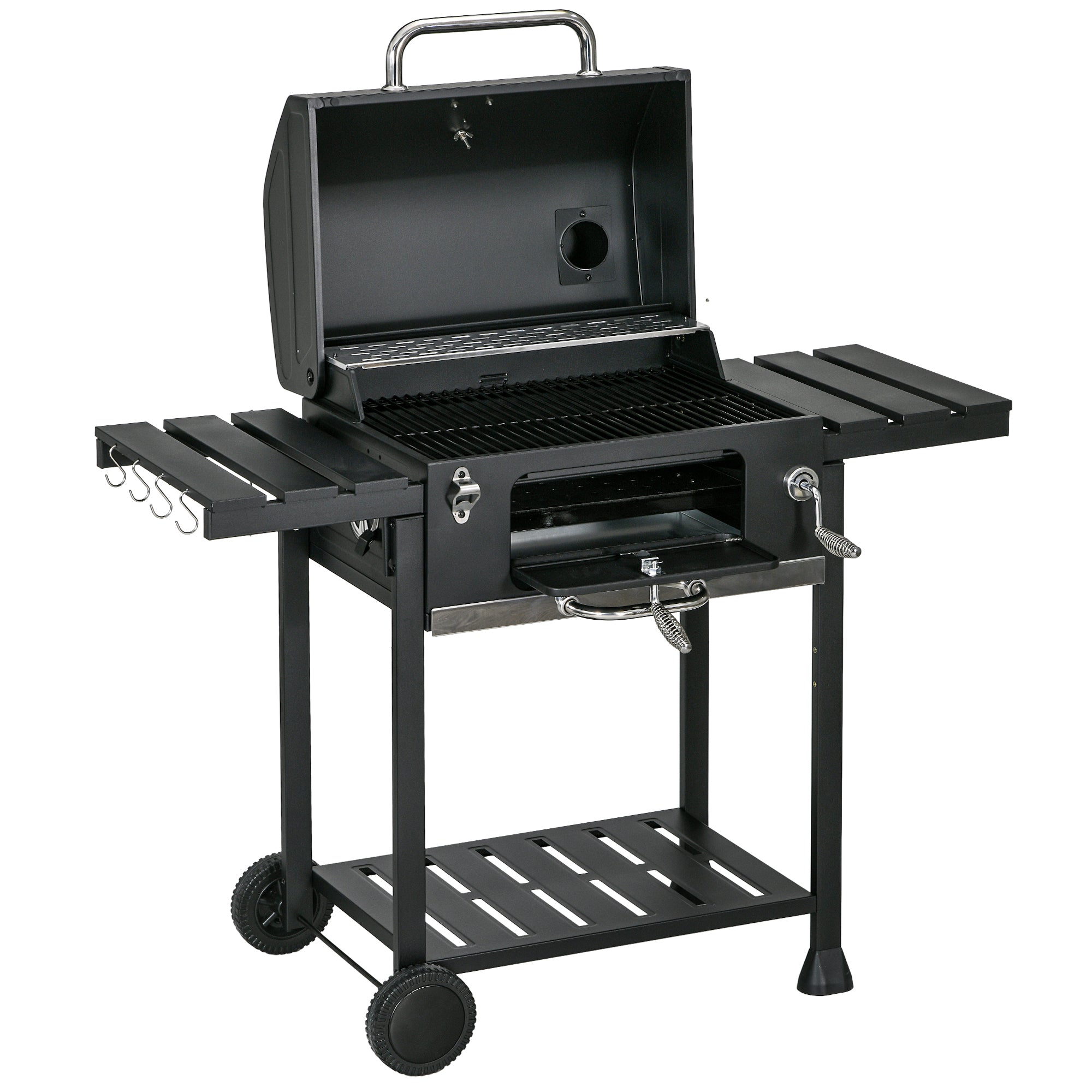 Adjustable Charcoal Pan BBQ Grill with Thermometer and Warming Rack - Black